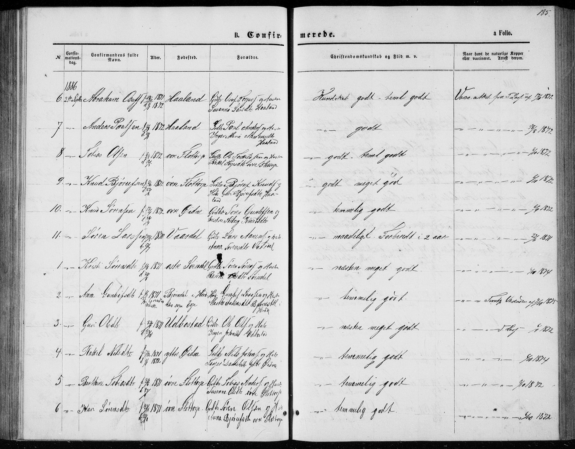 Bjelland sokneprestkontor, AV/SAK-1111-0005/F/Fb/Fbc/L0002: Parish register (copy) no. B 2, 1867-1887, p. 185