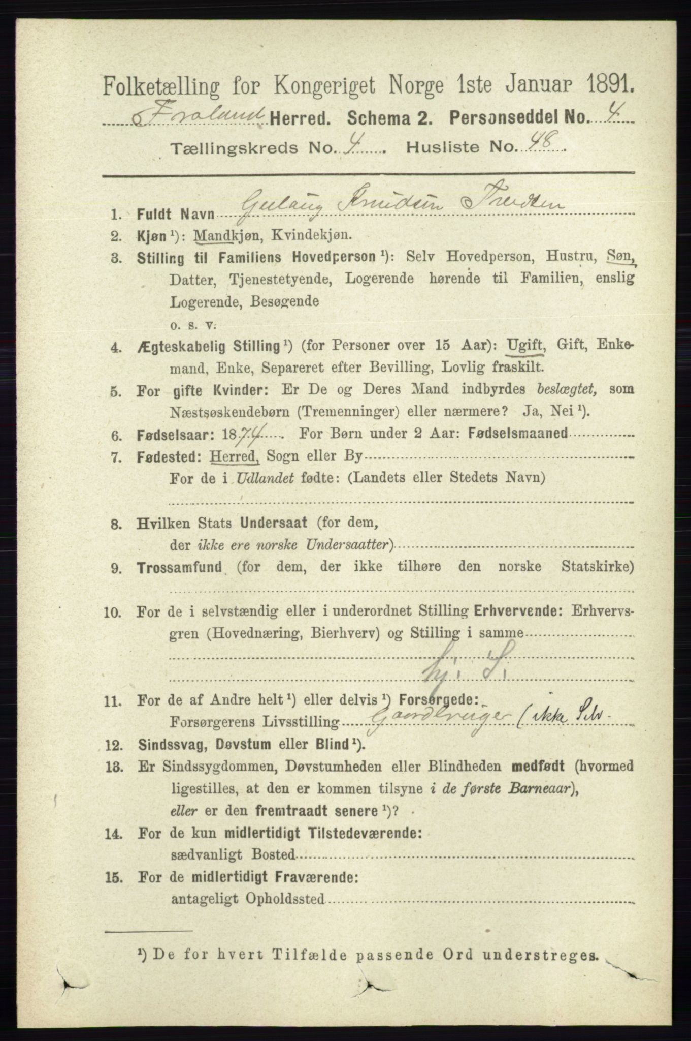 RA, 1891 census for 0919 Froland, 1891, p. 1690