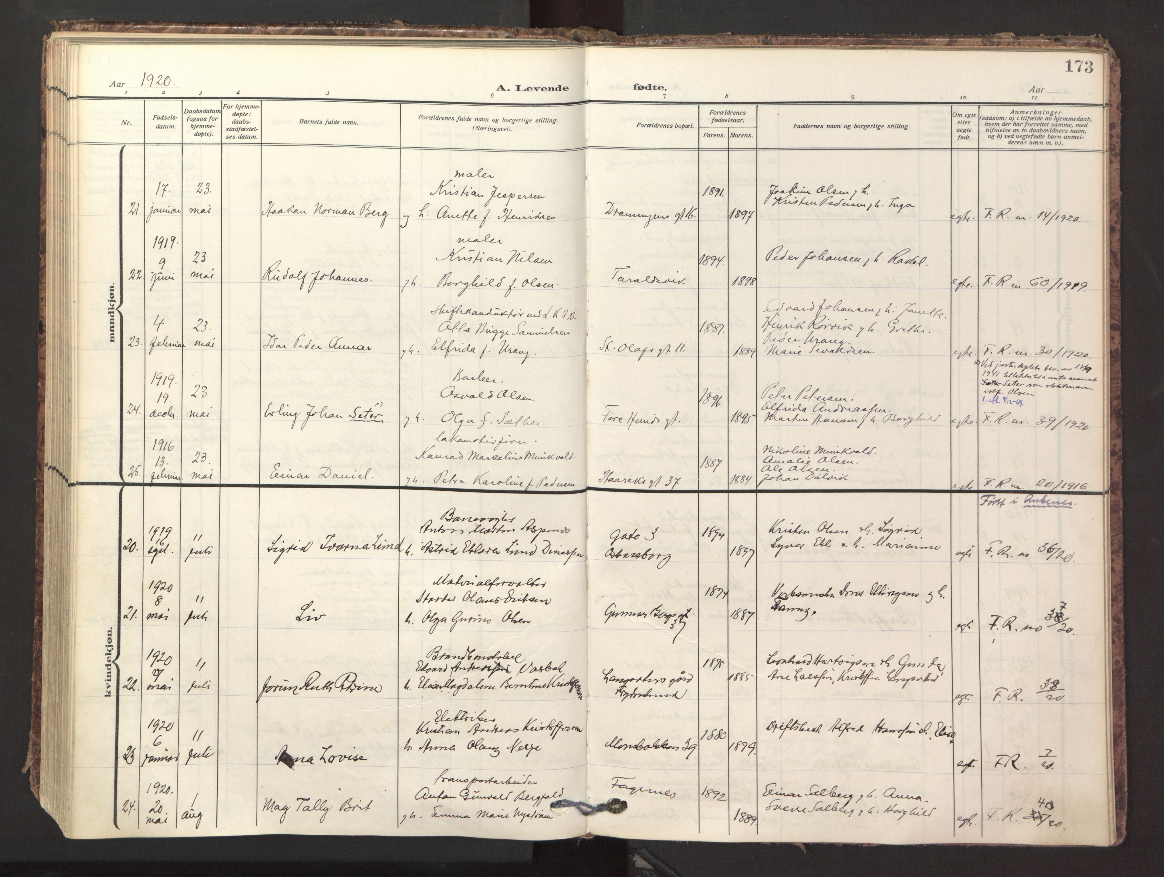 Ministerialprotokoller, klokkerbøker og fødselsregistre - Nordland, AV/SAT-A-1459/871/L1001: Parish register (official) no. 871A17, 1911-1921, p. 173