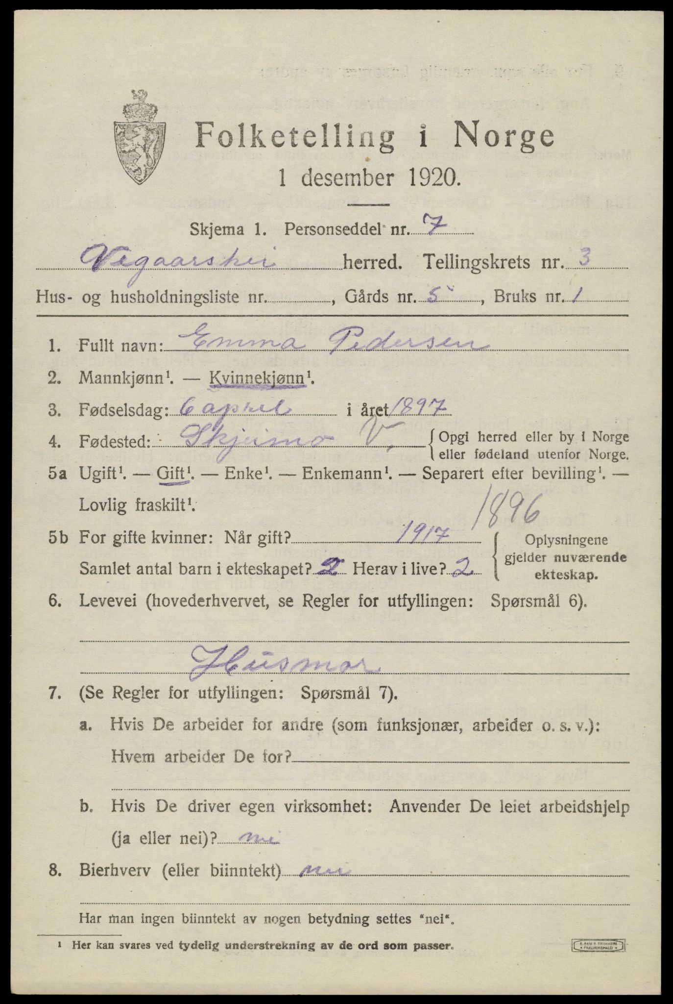 SAK, 1920 census for Vegårshei, 1920, p. 1774