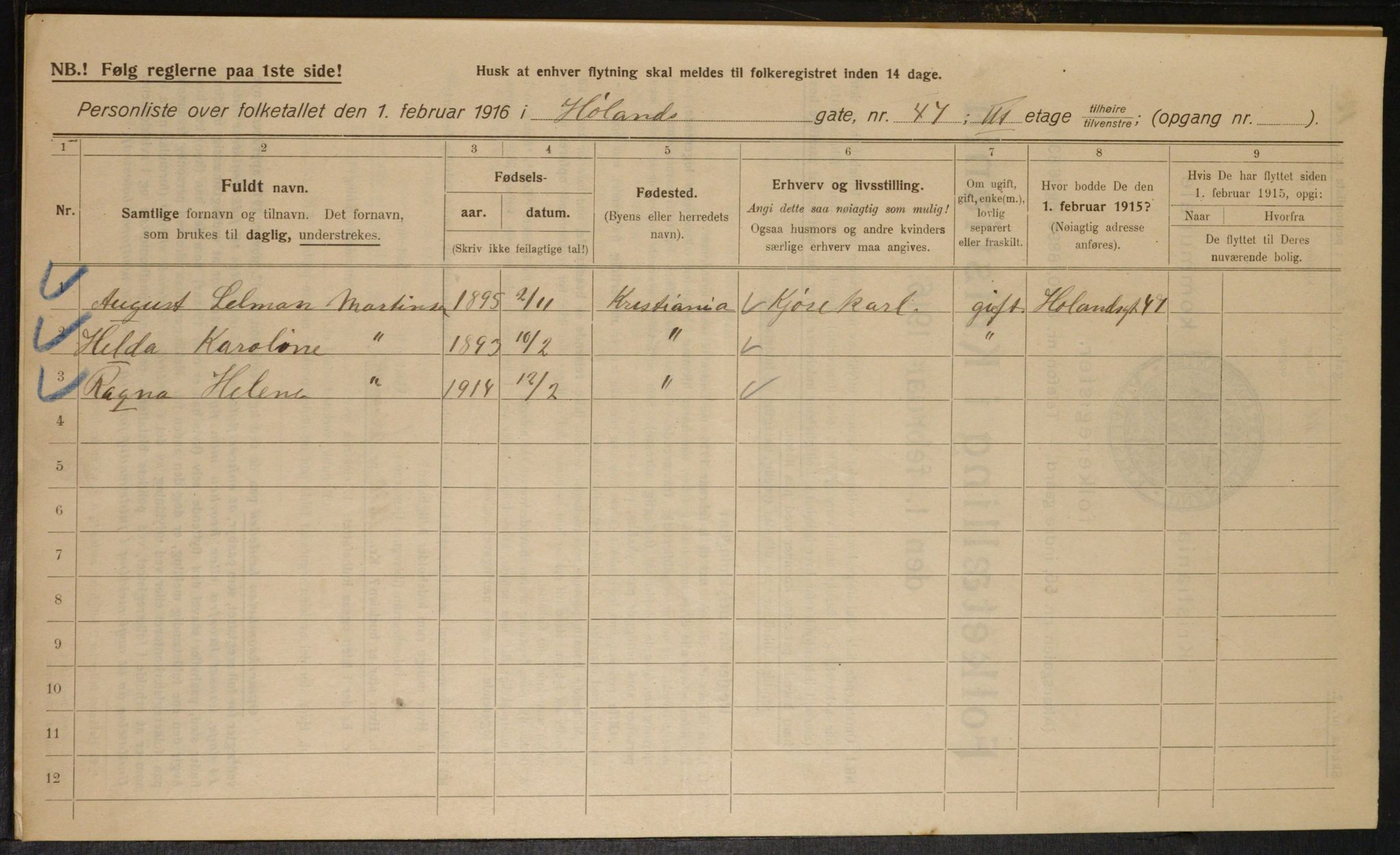 OBA, Municipal Census 1916 for Kristiania, 1916, p. 43370