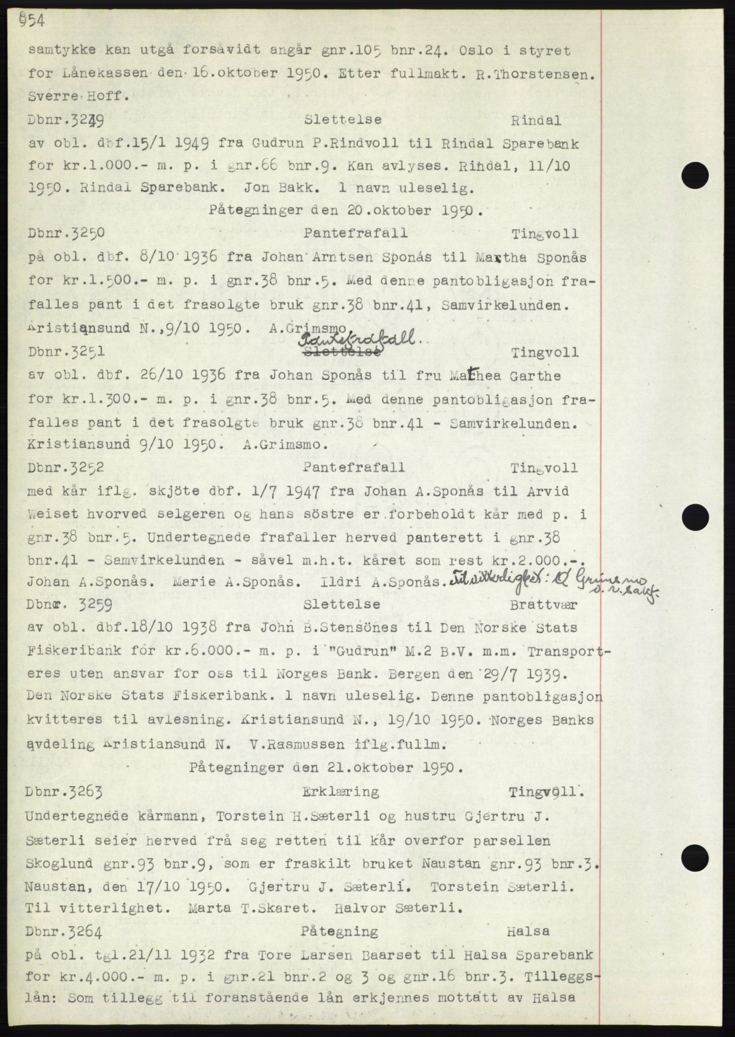 Nordmøre sorenskriveri, SAT/A-4132/1/2/2Ca: Mortgage book no. C82b, 1946-1951, Diary no: : 3249/1950