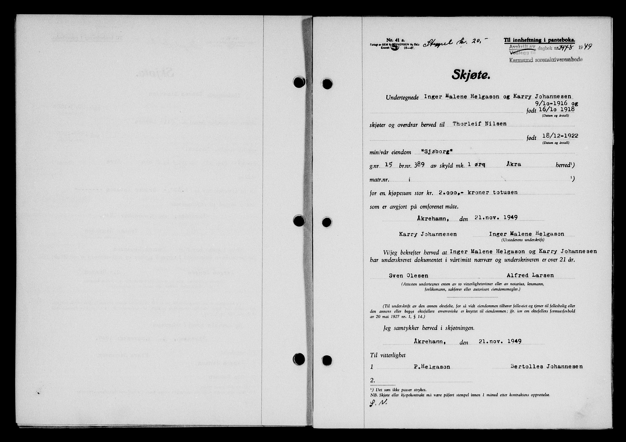 Karmsund sorenskriveri, SAST/A-100311/01/II/IIB/L0098: Mortgage book no. 78A, 1949-1950, Diary no: : 3448/1949