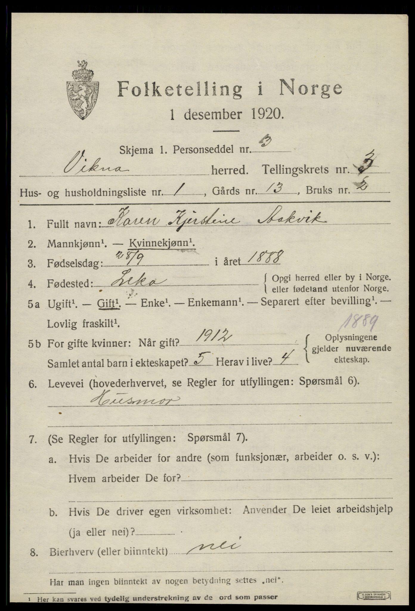 SAT, 1920 census for Vikna, 1920, p. 3267