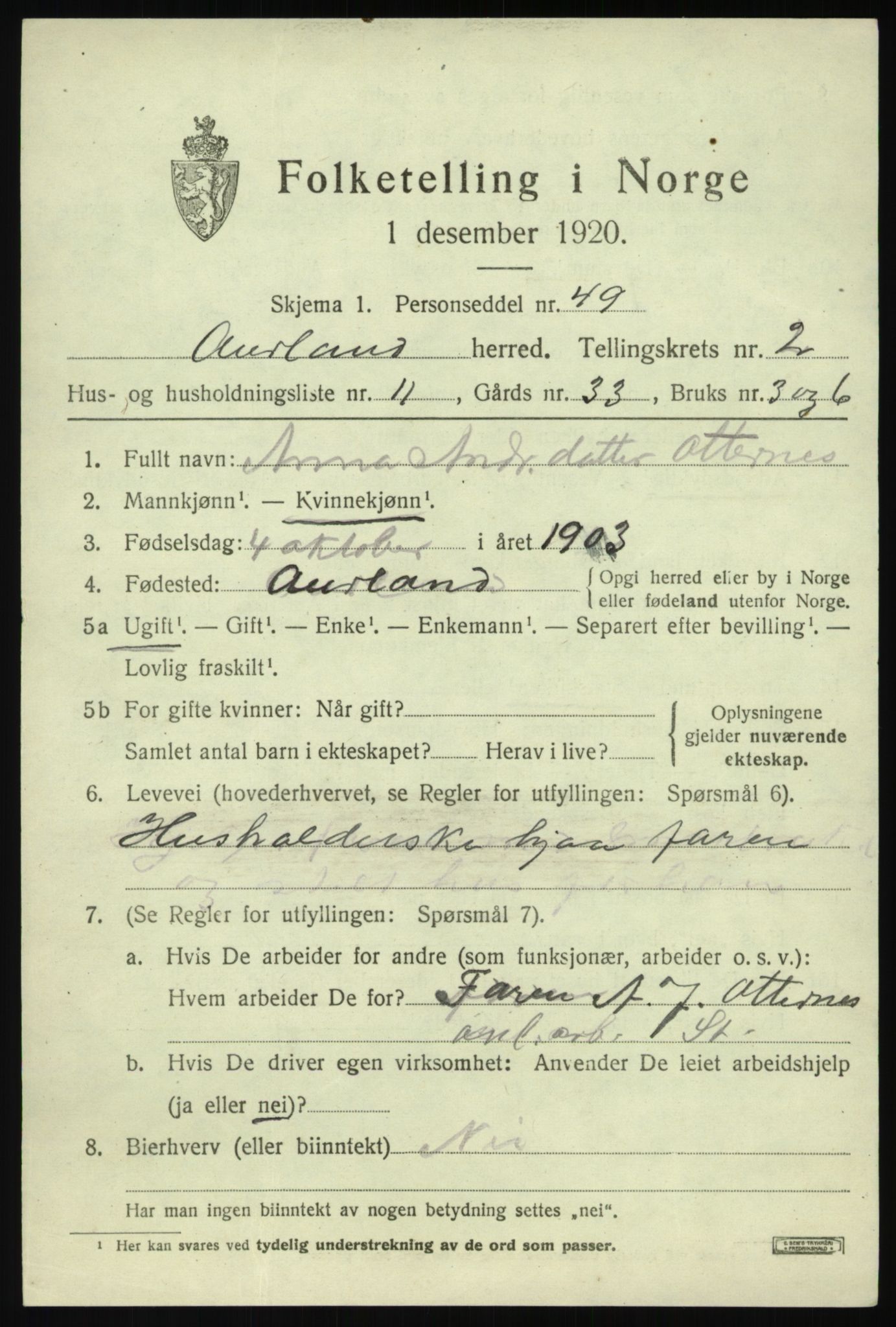 SAB, 1920 census for Aurland, 1920, p. 1926