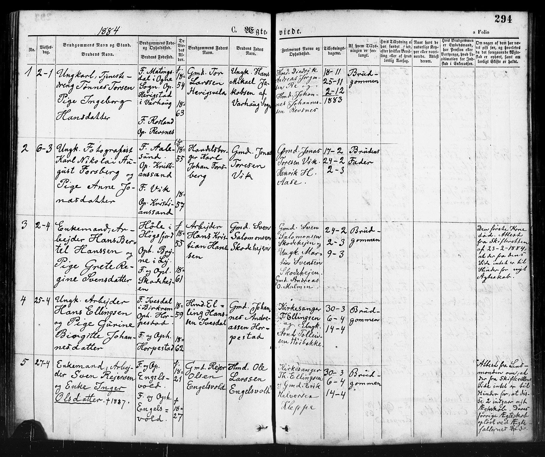 Klepp sokneprestkontor, AV/SAST-A-101803/001/3/30BA/L0006: Parish register (official) no. A 6, 1871-1885, p. 294