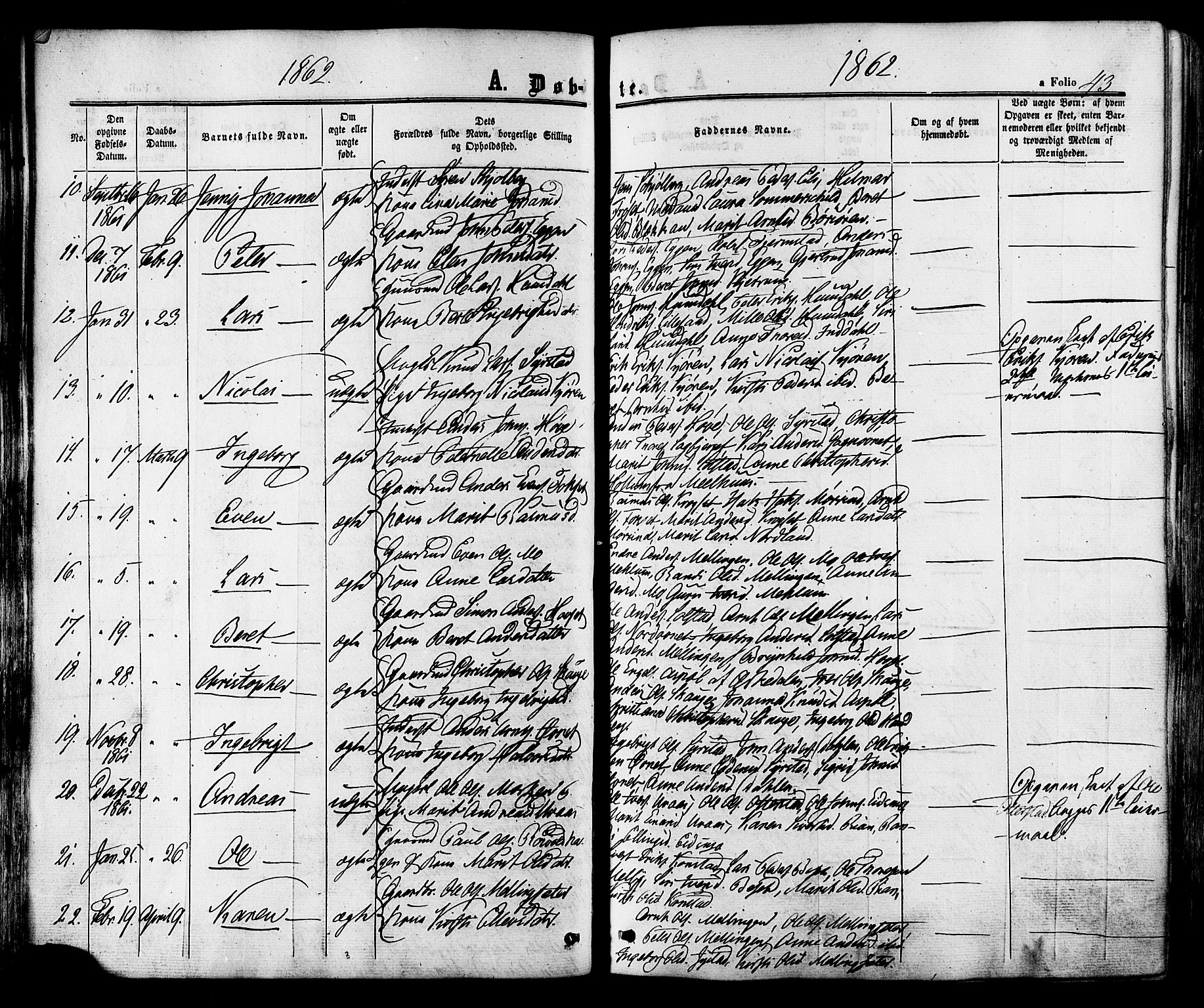 Ministerialprotokoller, klokkerbøker og fødselsregistre - Sør-Trøndelag, SAT/A-1456/665/L0772: Parish register (official) no. 665A07, 1856-1878, p. 43