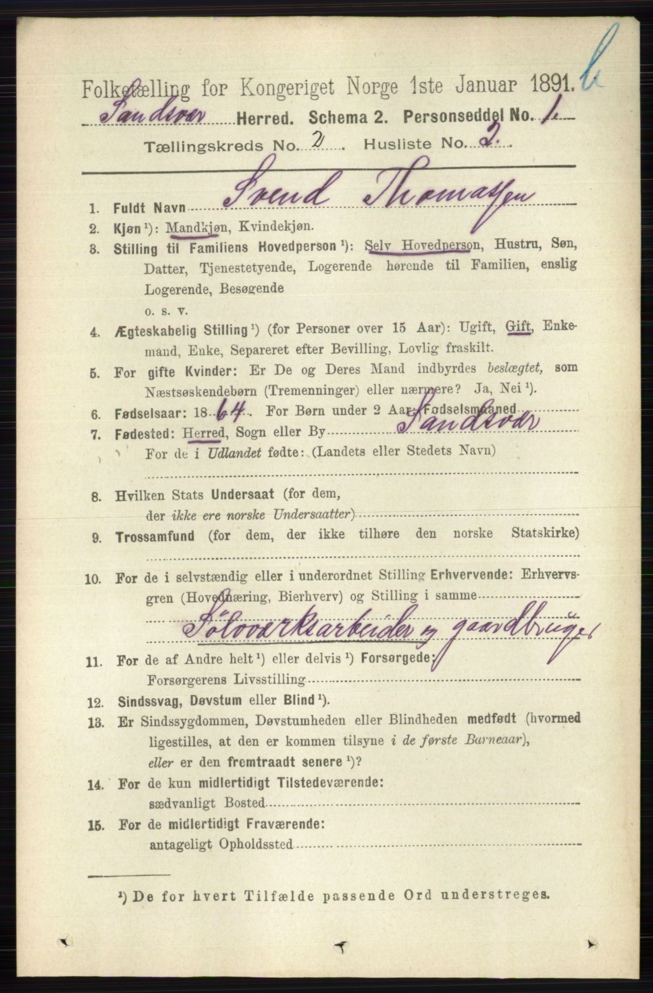 RA, 1891 census for 0629 Sandsvær, 1891, p. 5735