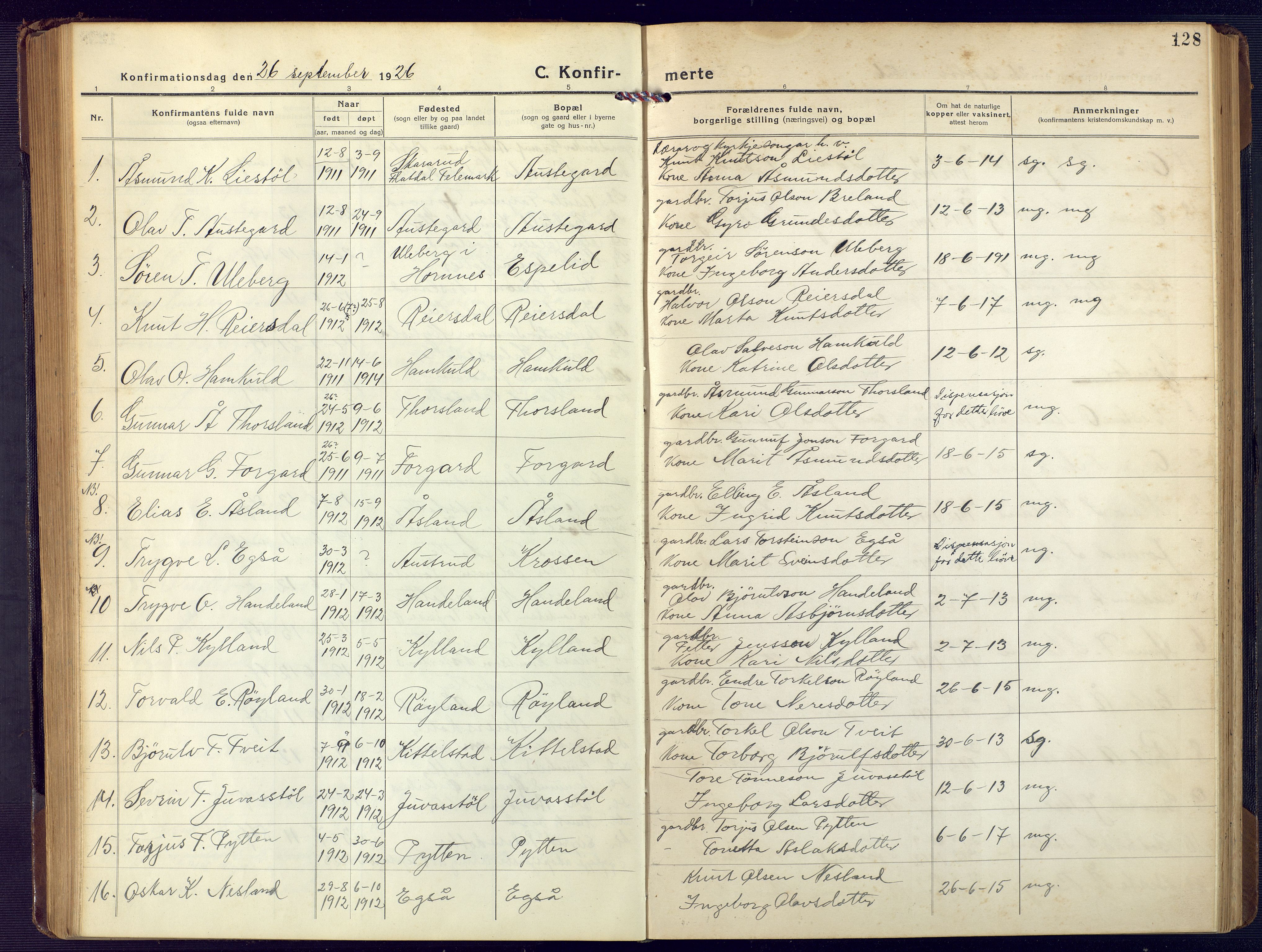 Åseral sokneprestkontor, SAK/1111-0051/F/Fb/L0004: Parish register (copy) no. B 4, 1920-1946, p. 128