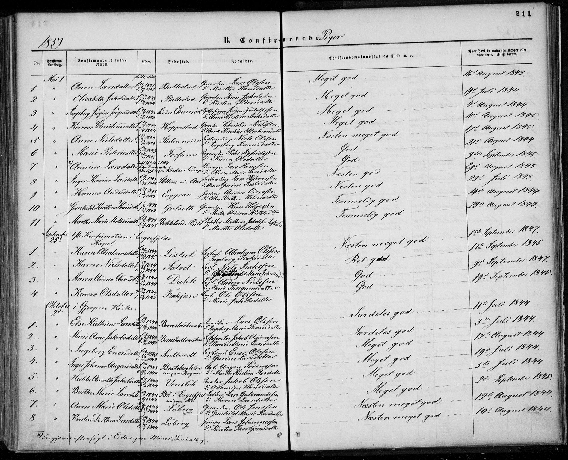 Gjerpen kirkebøker, SAKO/A-265/F/Fa/L0008a: Parish register (official) no. I 8A, 1857-1871, p. 211