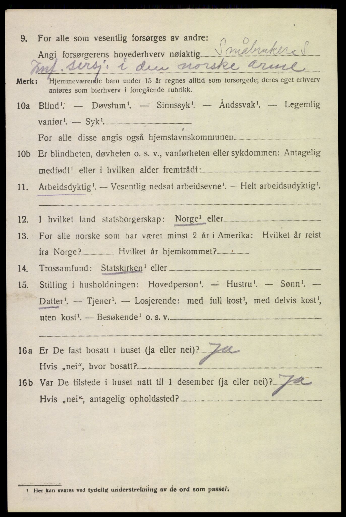 SAK, 1920 census for Fjotland, 1920, p. 2217