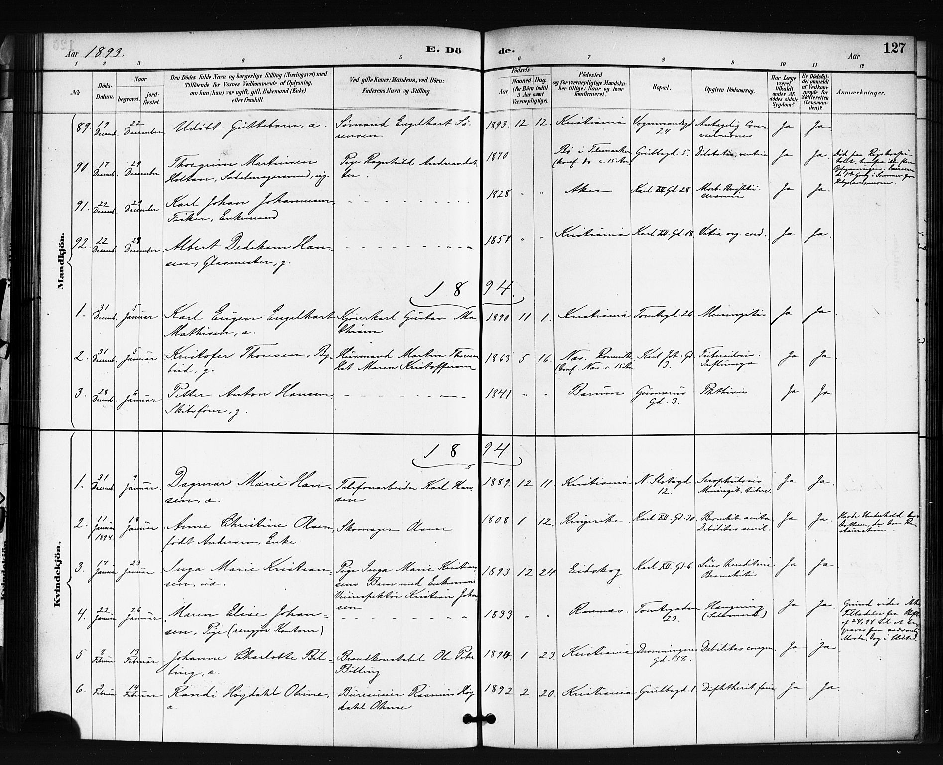 Oslo domkirke Kirkebøker, SAO/A-10752/F/Fa/L0035: Parish register (official) no. 35, 1885-1901, p. 127