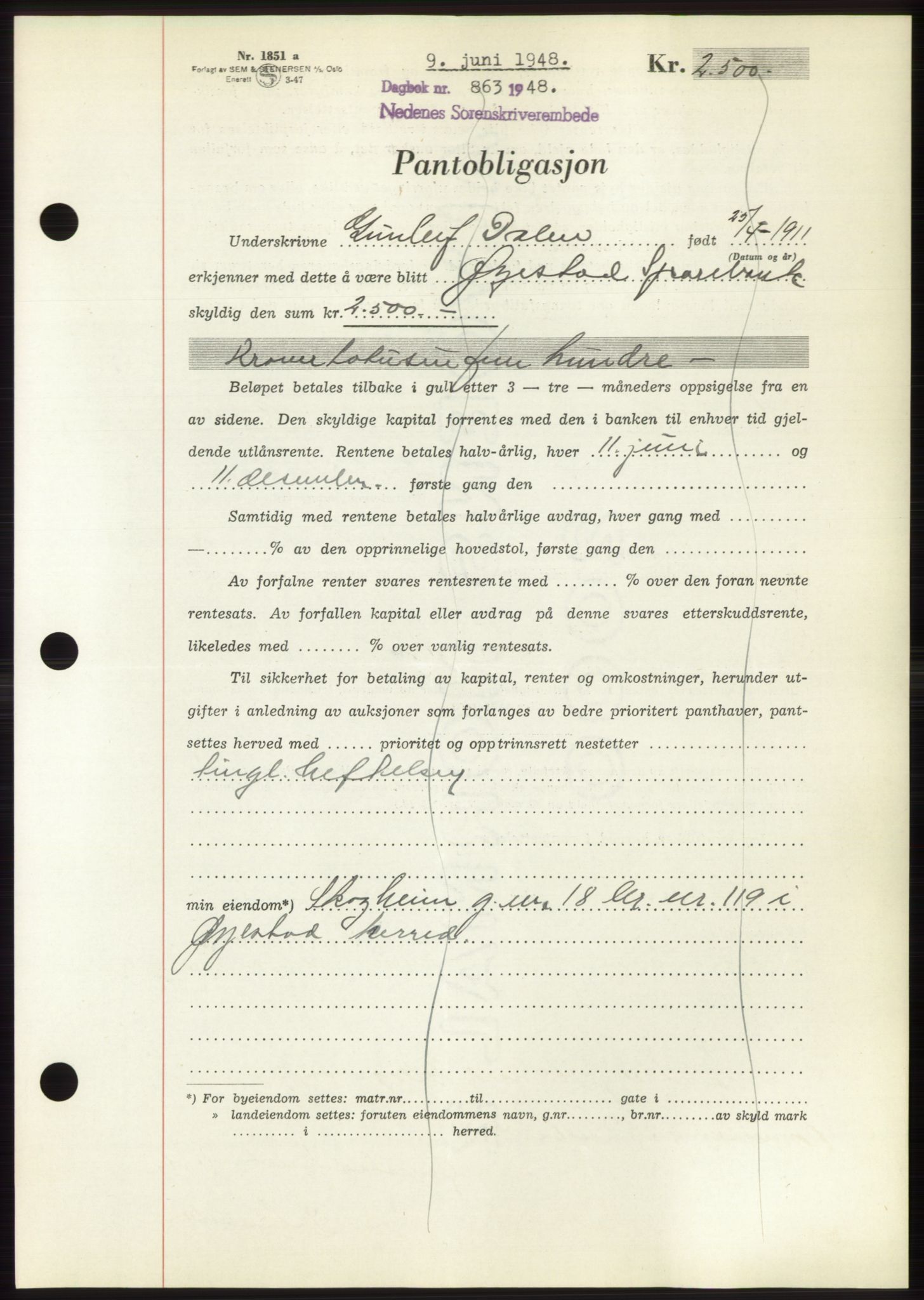 Nedenes sorenskriveri, AV/SAK-1221-0006/G/Gb/Gbb/L0005: Mortgage book no. B5, 1948-1948, Diary no: : 863/1948