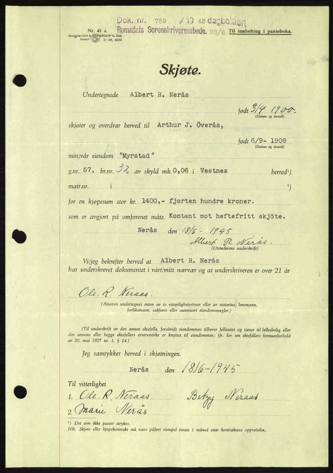 Romsdal sorenskriveri, AV/SAT-A-4149/1/2/2C: Mortgage book no. A18, 1945-1945, Diary no: : 759/1945