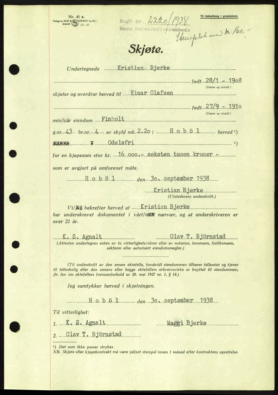 Moss sorenskriveri, SAO/A-10168: Mortgage book no. A5, 1938-1939, Diary no: : 2220/1938