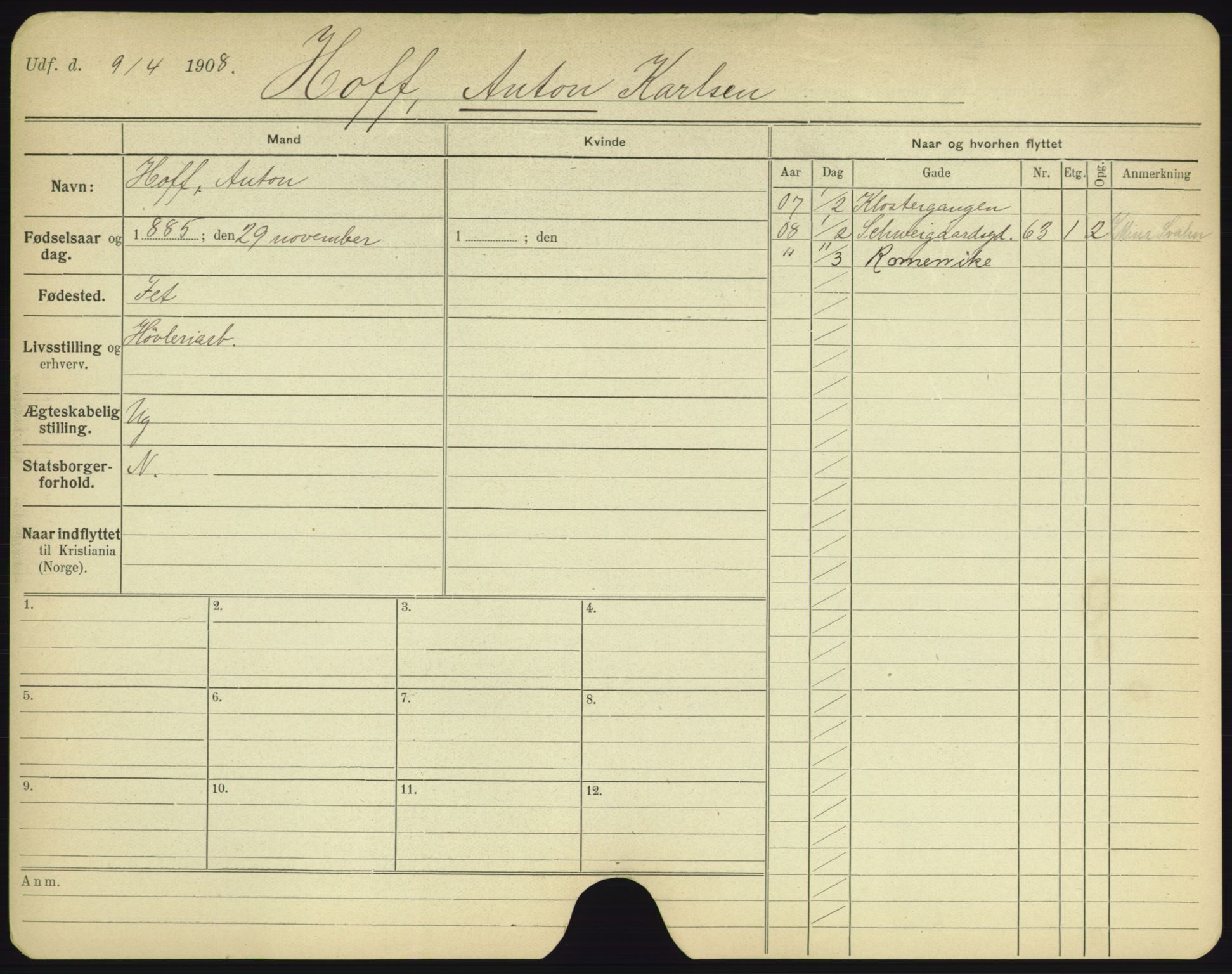 Oslo folkeregister, Registerkort, AV/SAO-A-11715/F/Fa/Fac/L0004: Menn, 1906-1914, p. 803a