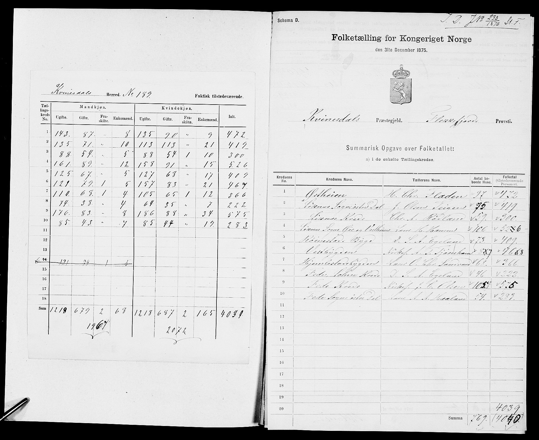 SAK, 1875 census for 1037P Kvinesdal, 1875, p. 2