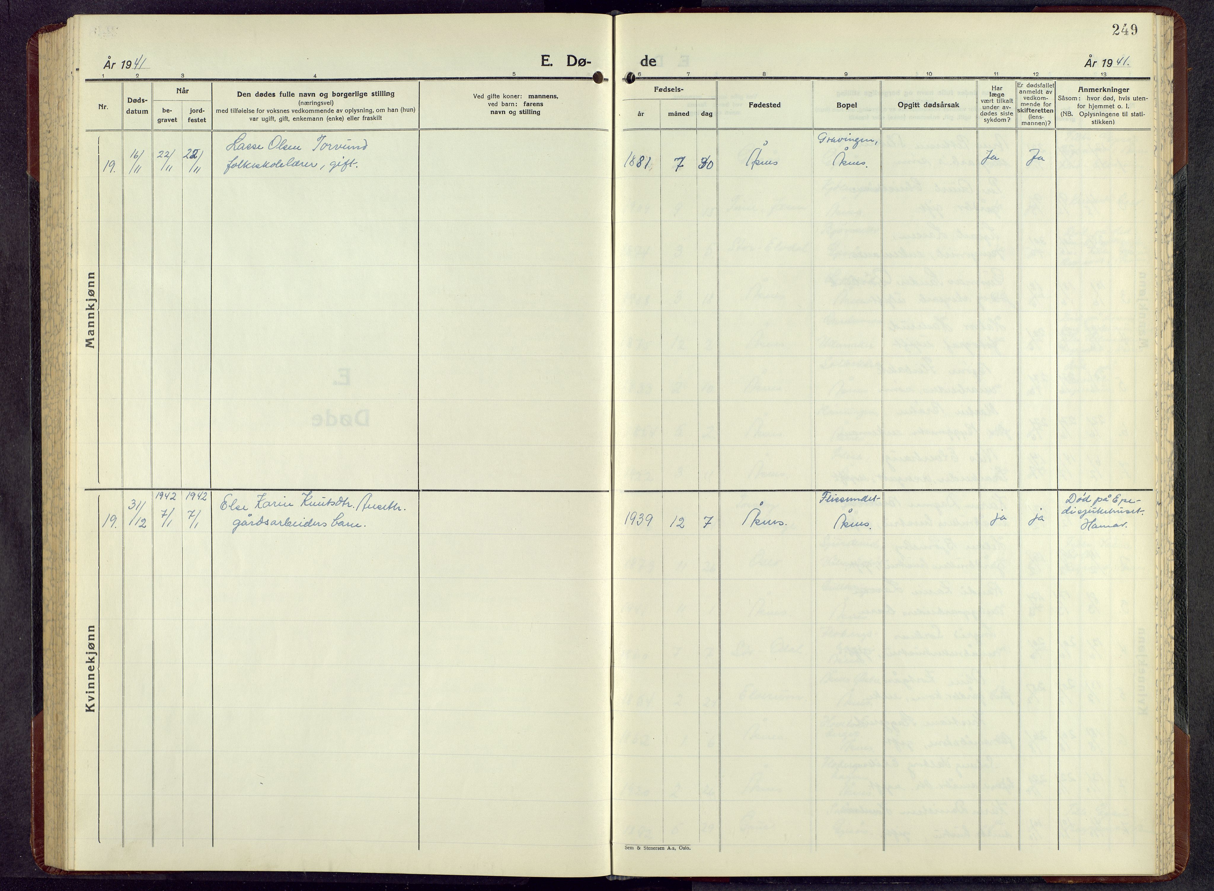 Åsnes prestekontor, AV/SAH-PREST-042/H/Ha/Hab/L0010: Parish register (copy) no. 10, 1941-1962, p. 249