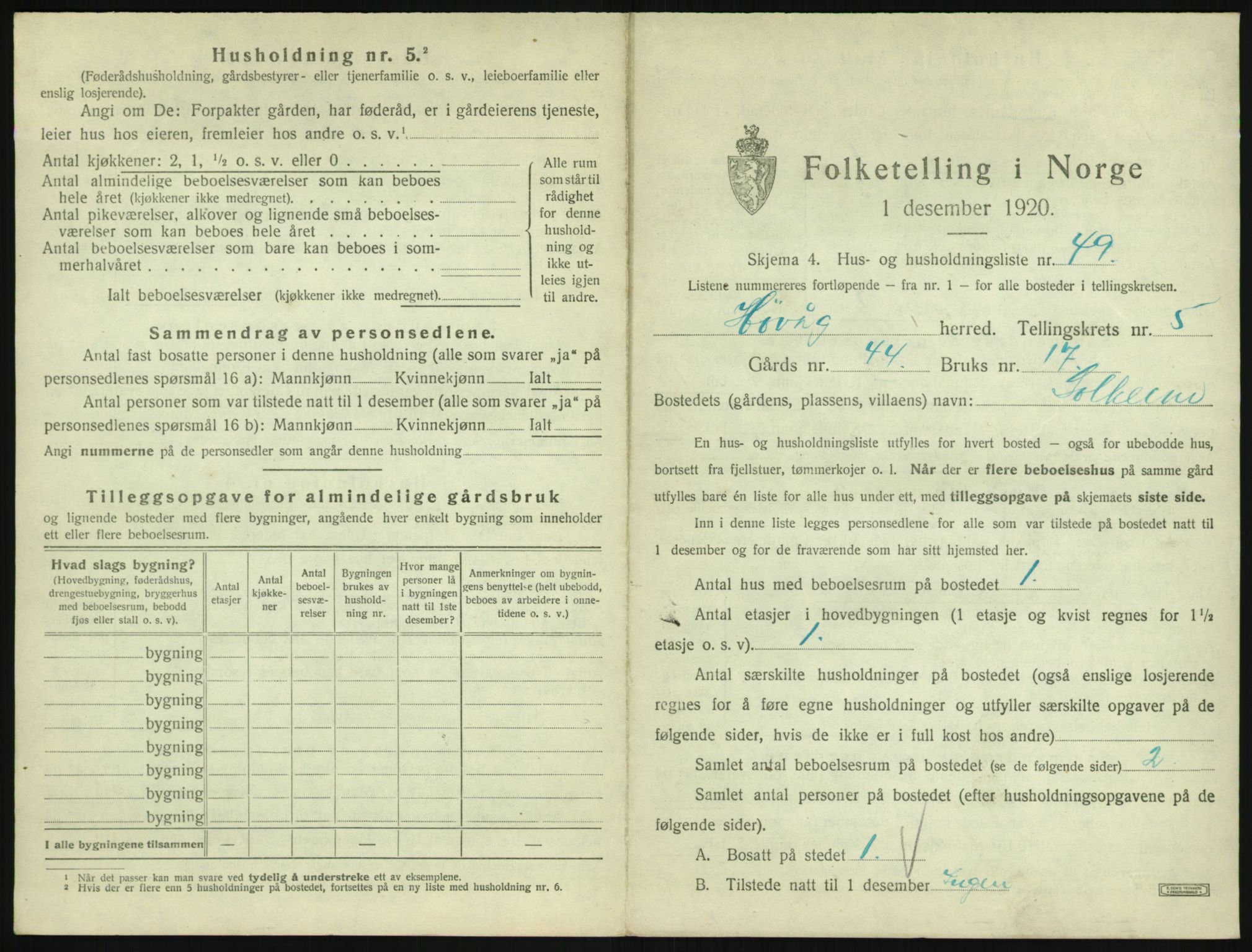 SAK, 1920 census for Høvåg, 1920, p. 488