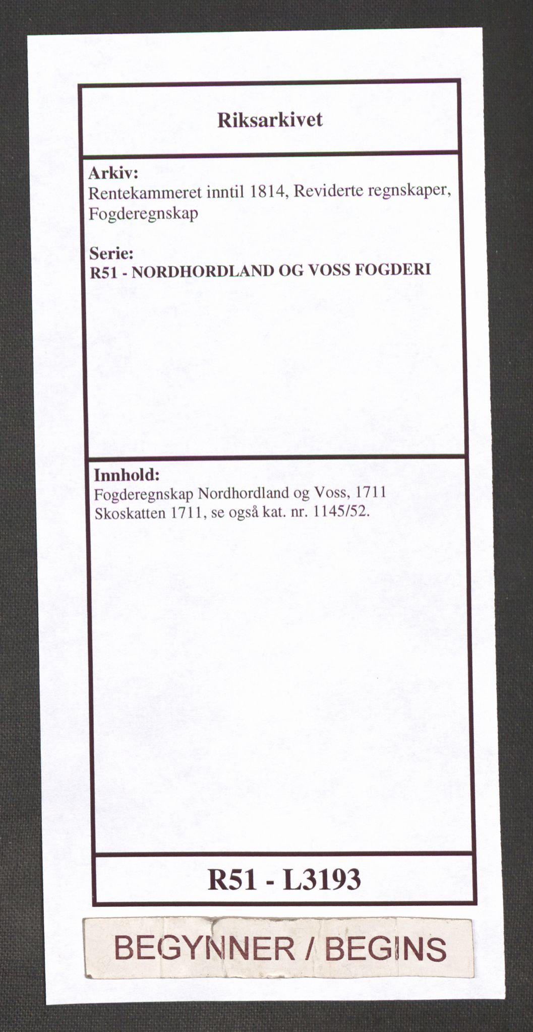 Rentekammeret inntil 1814, Reviderte regnskaper, Fogderegnskap, AV/RA-EA-4092/R51/L3193: Fogderegnskap Nordhordland og Voss, 1711, p. 1