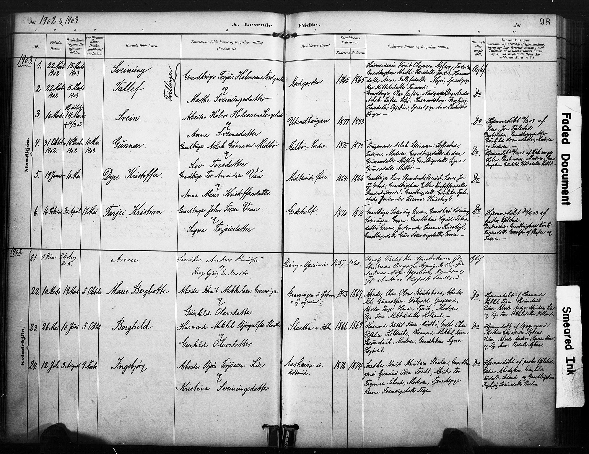 Kviteseid kirkebøker, SAKO/A-276/F/Fa/L0008: Parish register (official) no. I 8, 1882-1903, p. 98