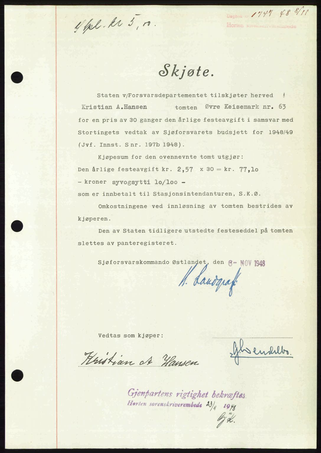 Horten sorenskriveri, AV/SAKO-A-133/G/Ga/Gaa/L0011: Mortgage book no. A-11, 1948-1948, Diary no: : 1747/1948