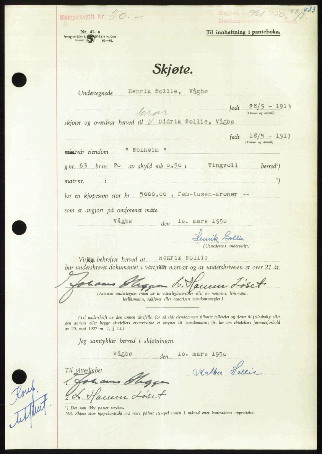 Nordmøre sorenskriveri, AV/SAT-A-4132/1/2/2Ca: Mortgage book no. A114, 1950-1950, Diary no: : 961/1950