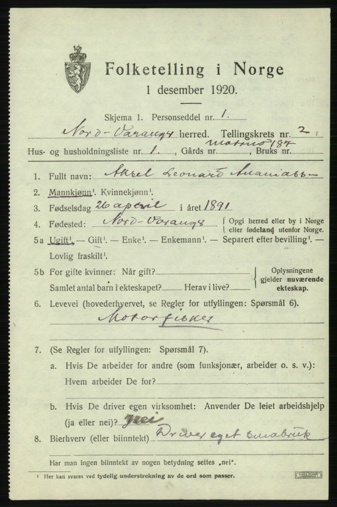 SATØ, 1920 census for Nord-Varanger, 1920, p. 954