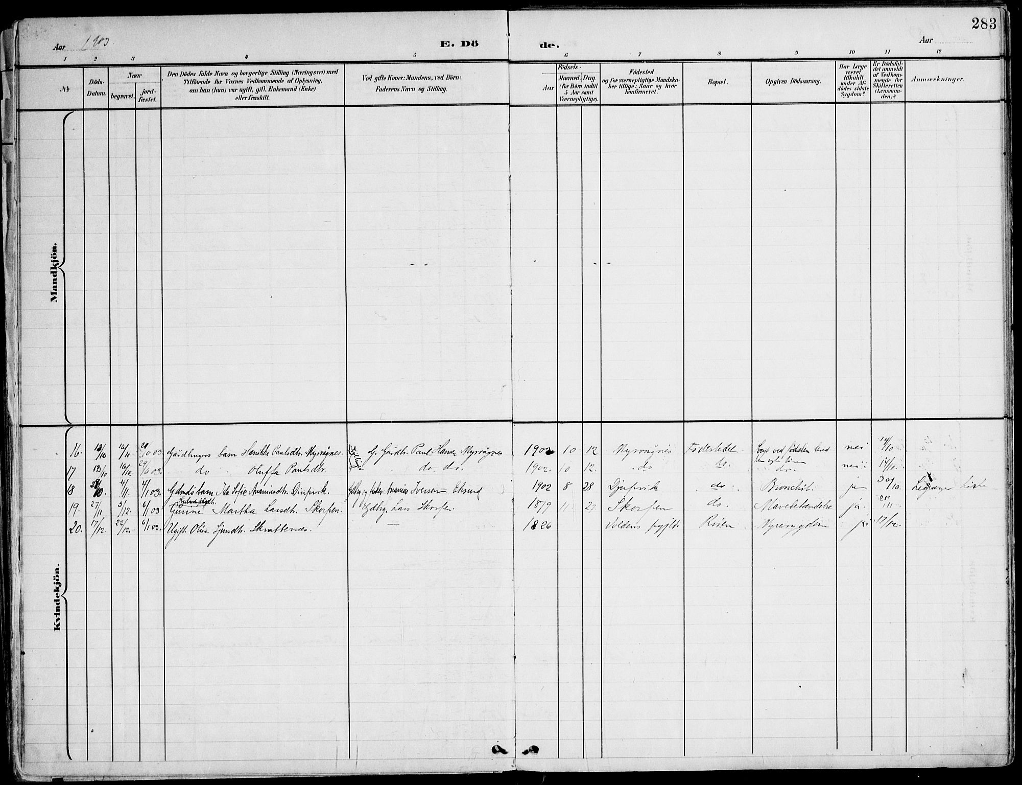 Ministerialprotokoller, klokkerbøker og fødselsregistre - Møre og Romsdal, AV/SAT-A-1454/507/L0075: Parish register (official) no. 507A10, 1901-1920, p. 283