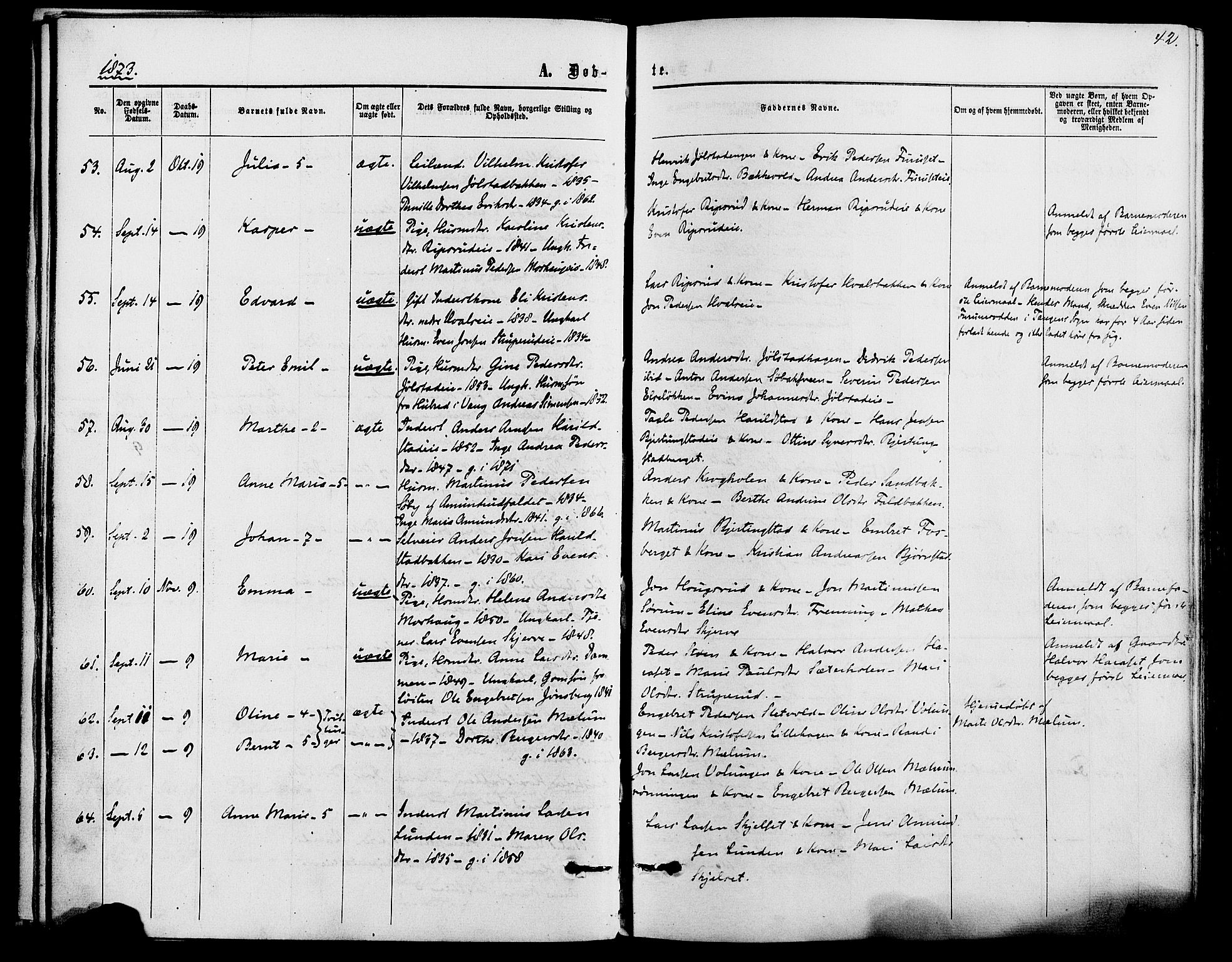 Romedal prestekontor, SAH/PREST-004/K/L0006: Parish register (official) no. 6, 1866-1886, p. 42