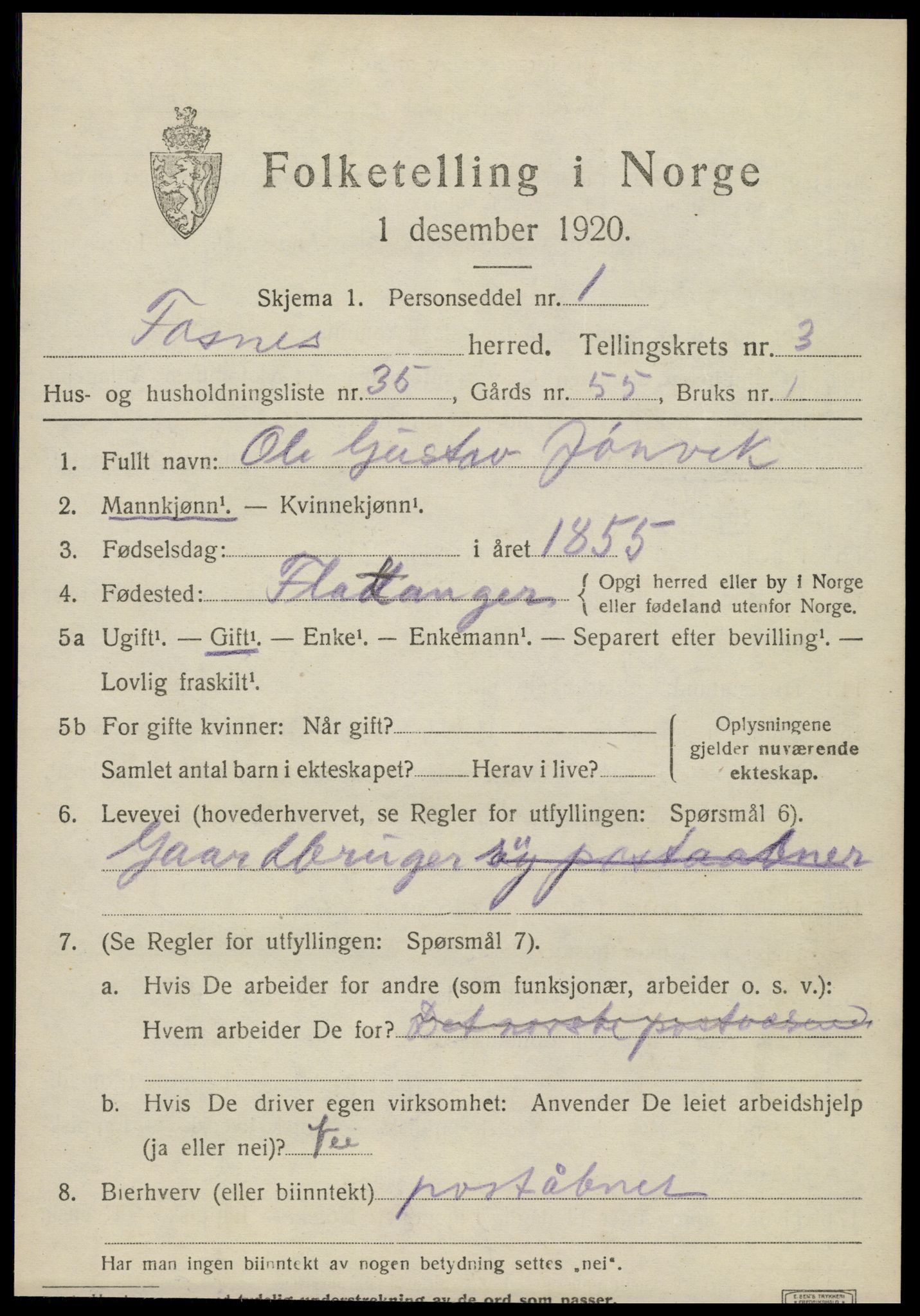 SAT, 1920 census for Fosnes, 1920, p. 1905