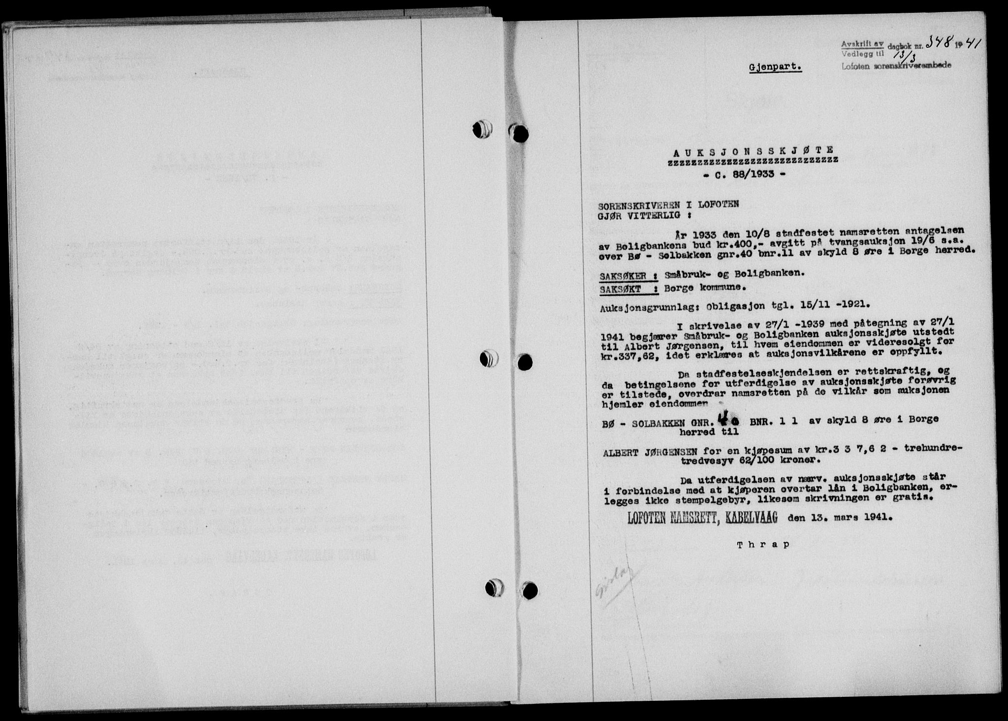 Lofoten sorenskriveri, SAT/A-0017/1/2/2C/L0008a: Mortgage book no. 8a, 1940-1941, Diary no: : 348/1941