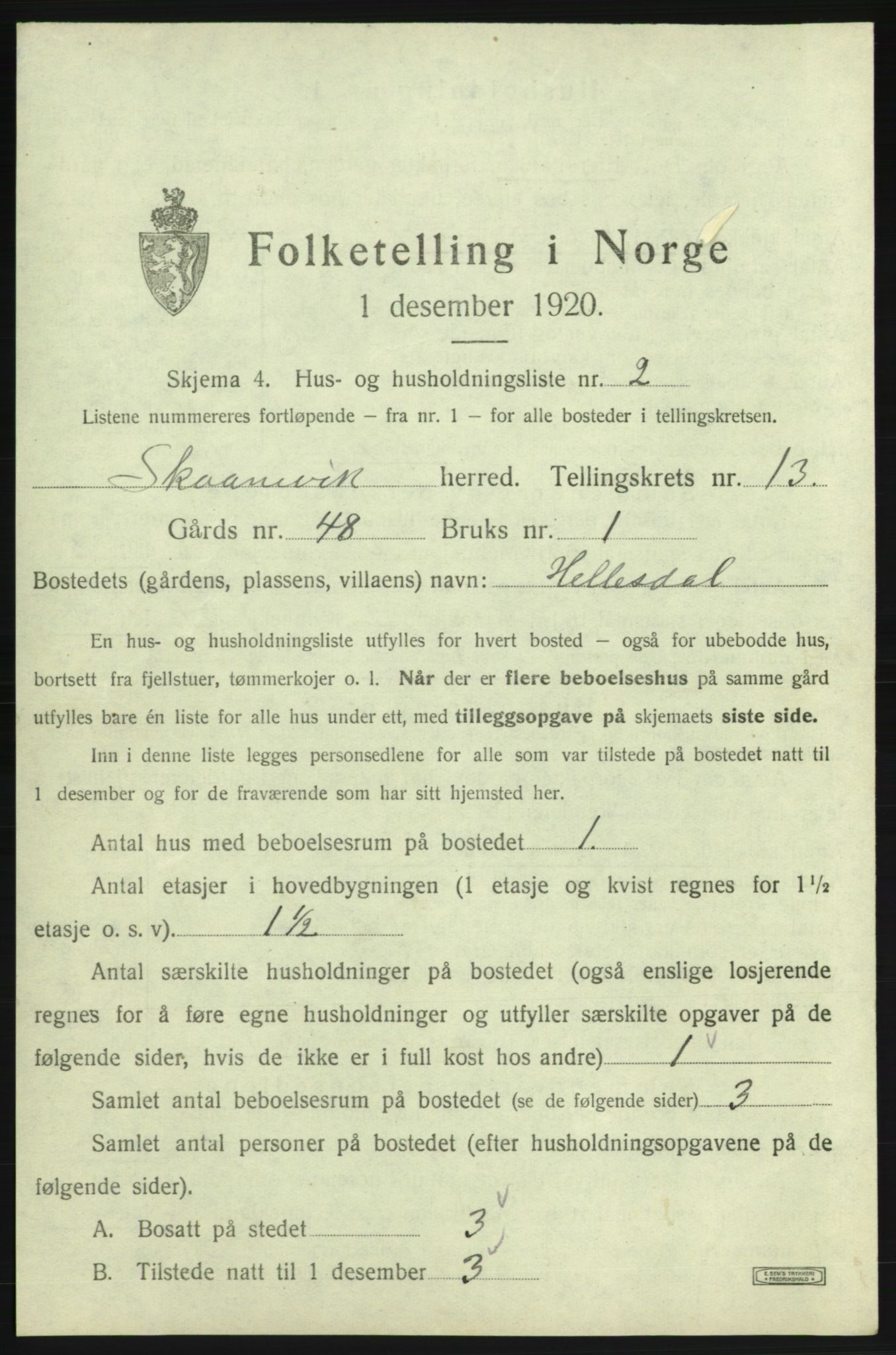 SAB, 1920 census for Skånevik, 1920, p. 1325