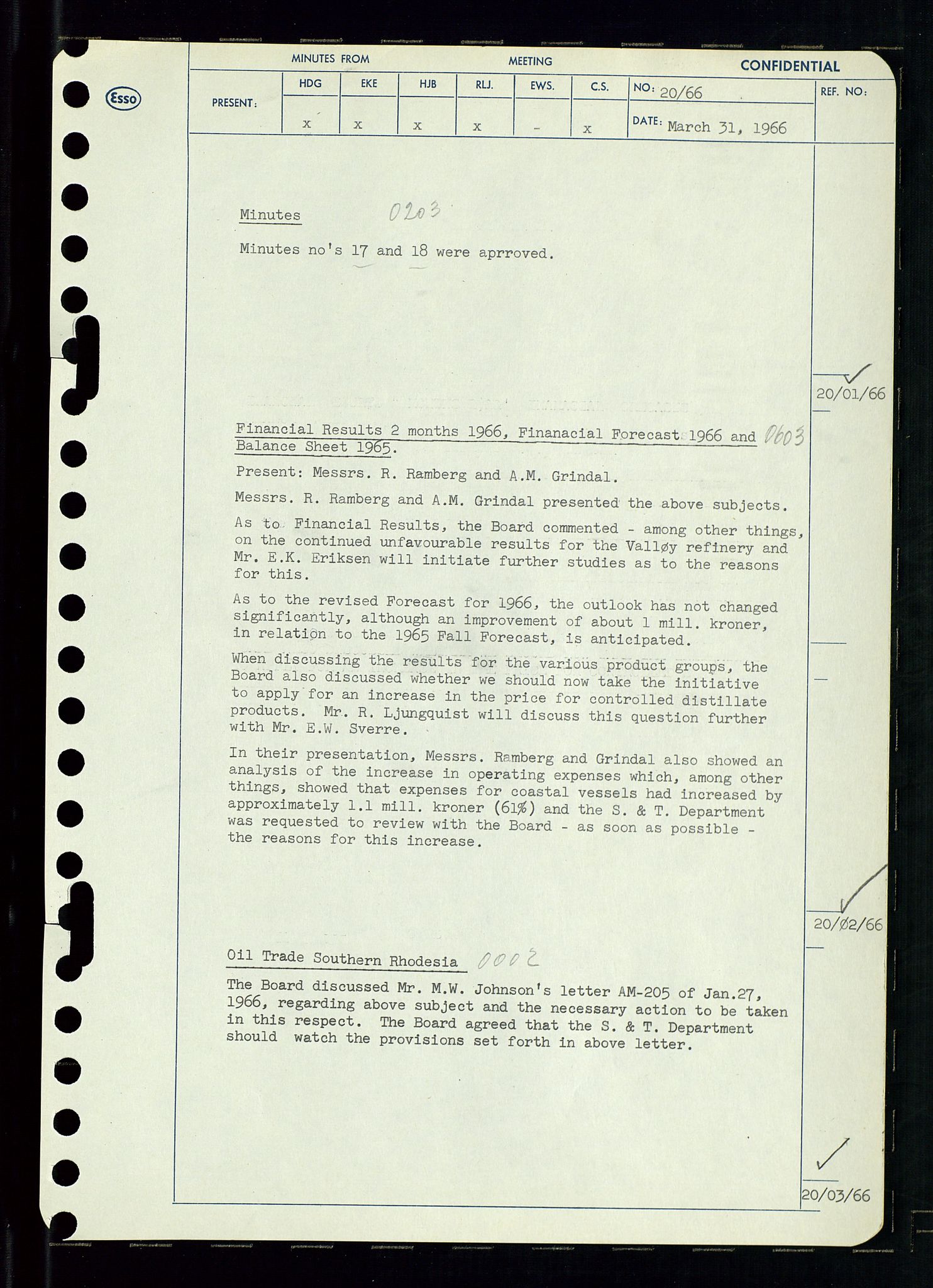 Pa 0982 - Esso Norge A/S, AV/SAST-A-100448/A/Aa/L0002/0002: Den administrerende direksjon Board minutes (styrereferater) / Den administrerende direksjon Board minutes (styrereferater), 1966, p. 45