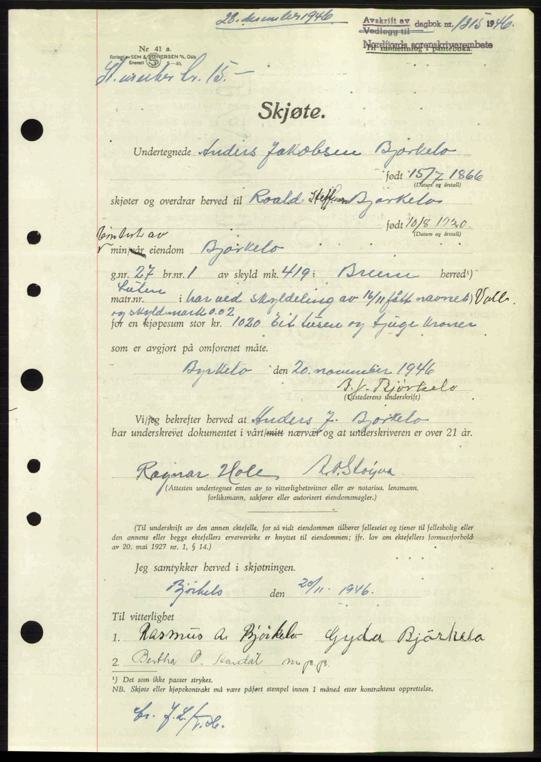 Nordfjord sorenskriveri, AV/SAB-A-2801/02/02b/02bj/L0011: Mortgage book no. A11, 1946-1947, Diary no: : 1315/1946