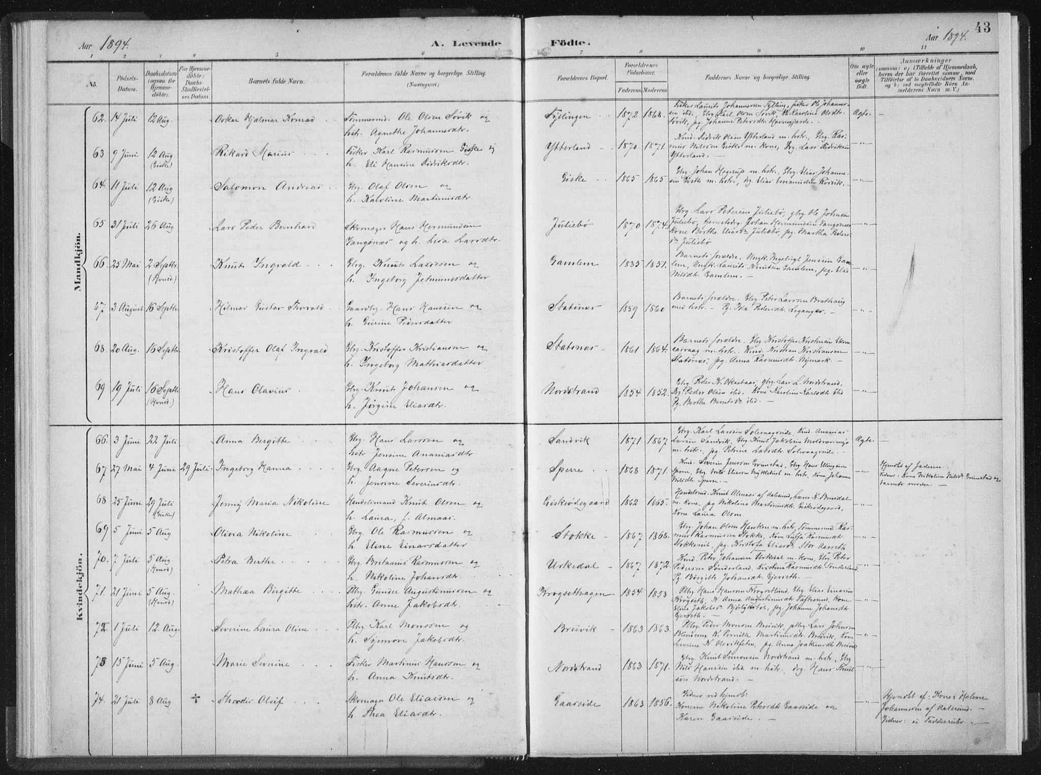 Ministerialprotokoller, klokkerbøker og fødselsregistre - Møre og Romsdal, AV/SAT-A-1454/528/L0405: Parish register (official) no. 528A14, 1891-1906, p. 43