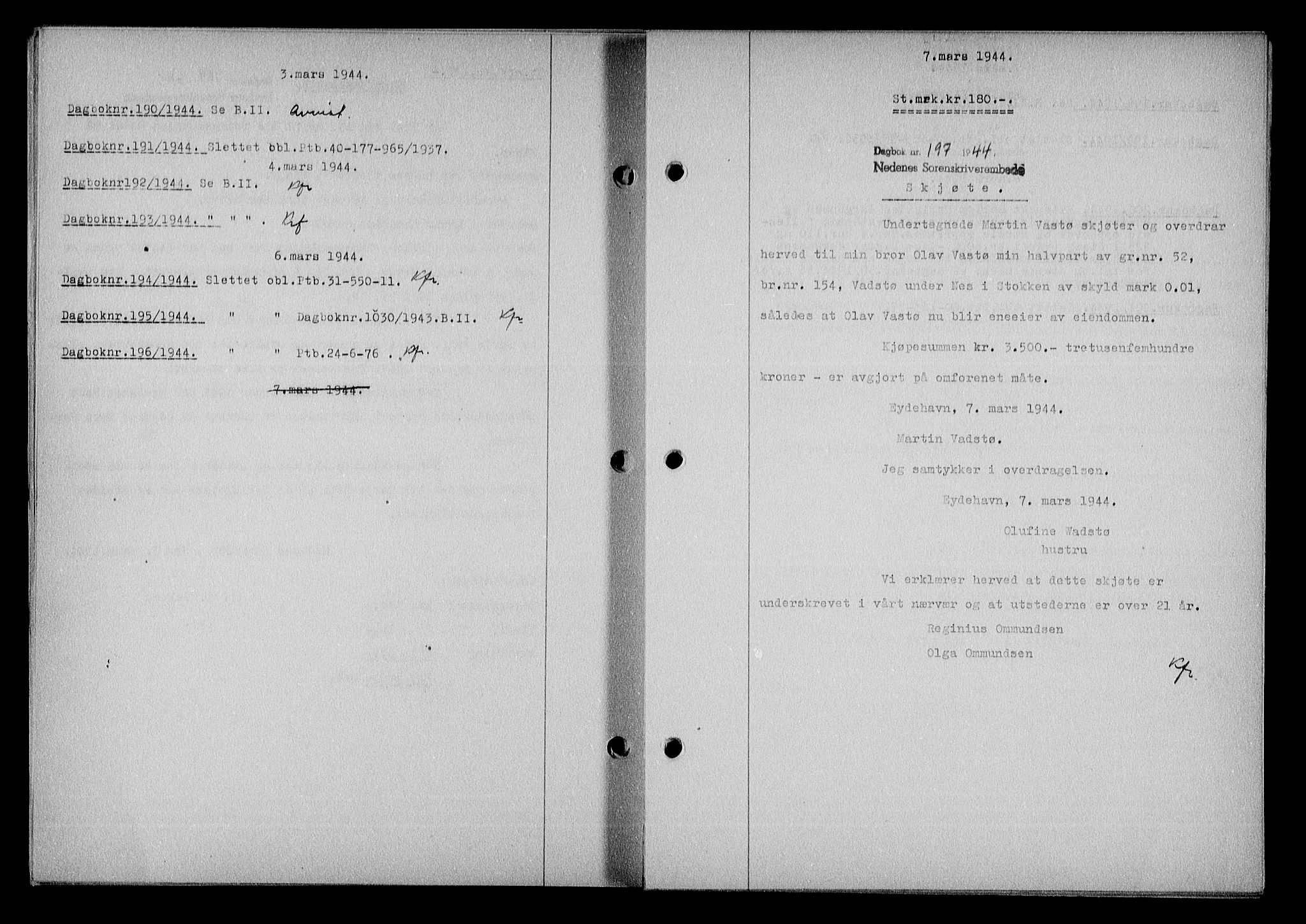 Nedenes sorenskriveri, SAK/1221-0006/G/Gb/Gba/L0051: Mortgage book no. A-V, 1943-1944, Diary no: : 197/1944