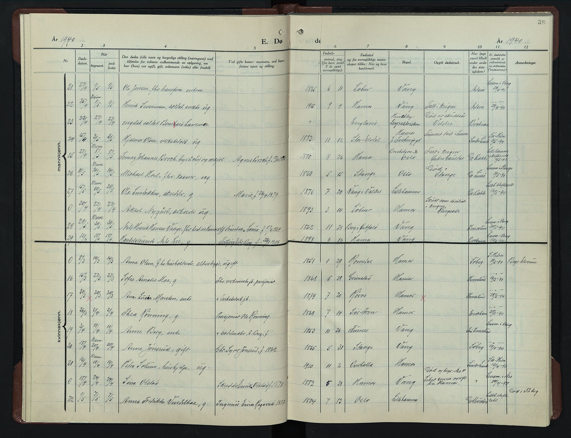 Hamar prestekontor, AV/SAH-DOMPH-002/H/Ha/Hab/L0007: Parish register (copy) no. 7, 1933-1950, p. 38