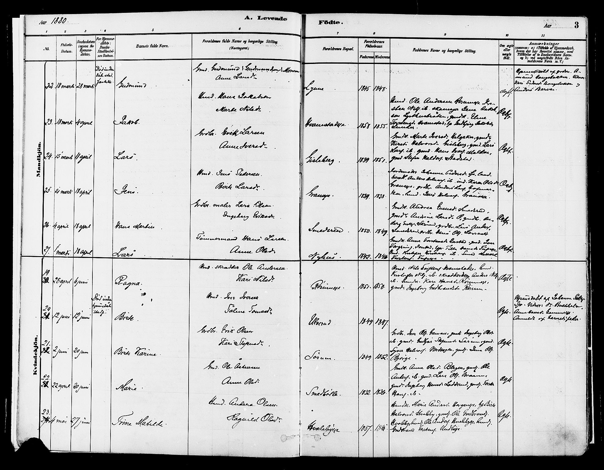 Gran prestekontor, AV/SAH-PREST-112/H/Ha/Haa/L0014: Parish register (official) no. 14, 1880-1889, p. 3