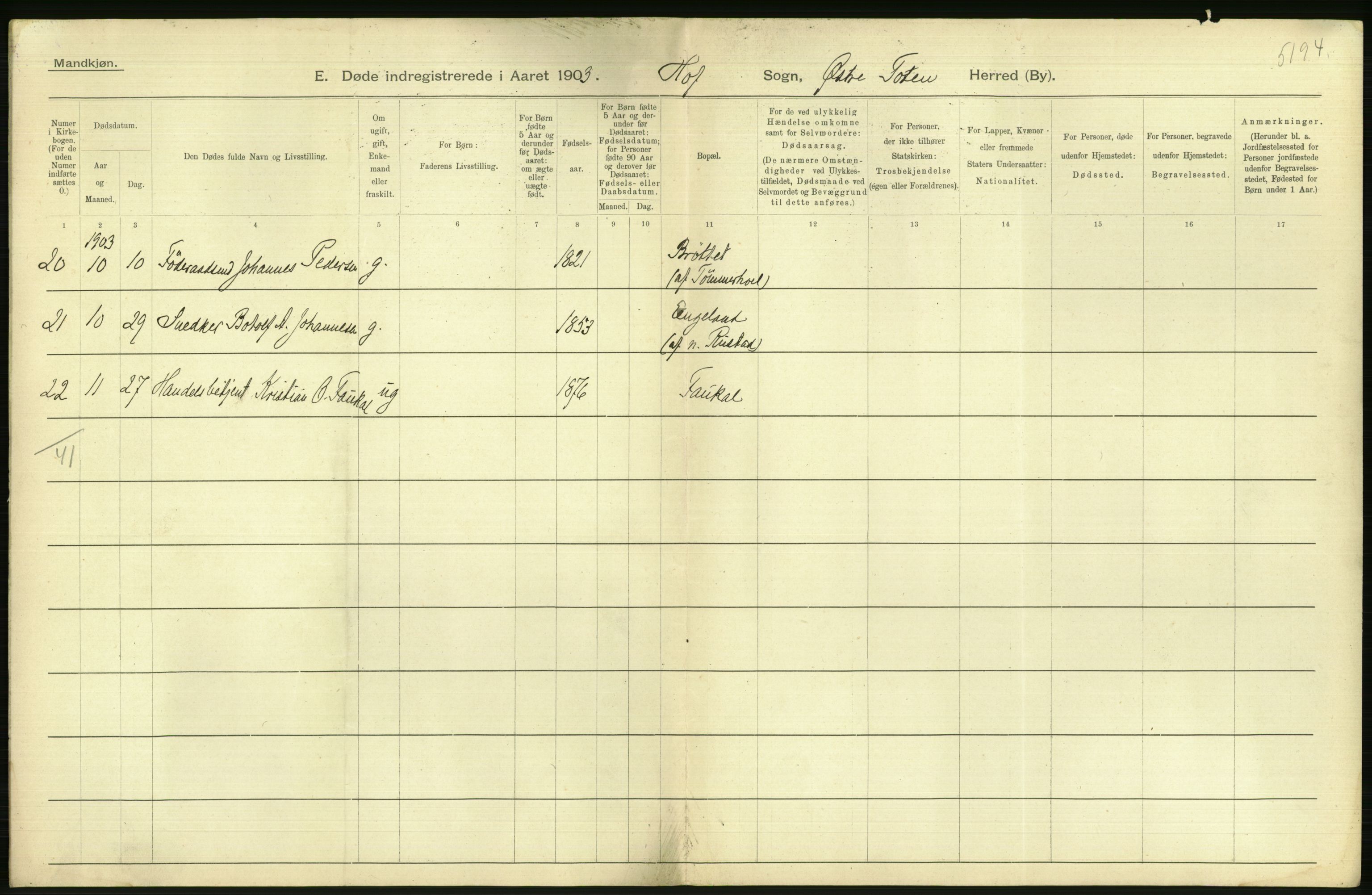 Statistisk sentralbyrå, Sosiodemografiske emner, Befolkning, AV/RA-S-2228/D/Df/Dfa/Dfaa/L0006: Kristians amt: Fødte, gifte, døde, 1903, p. 576