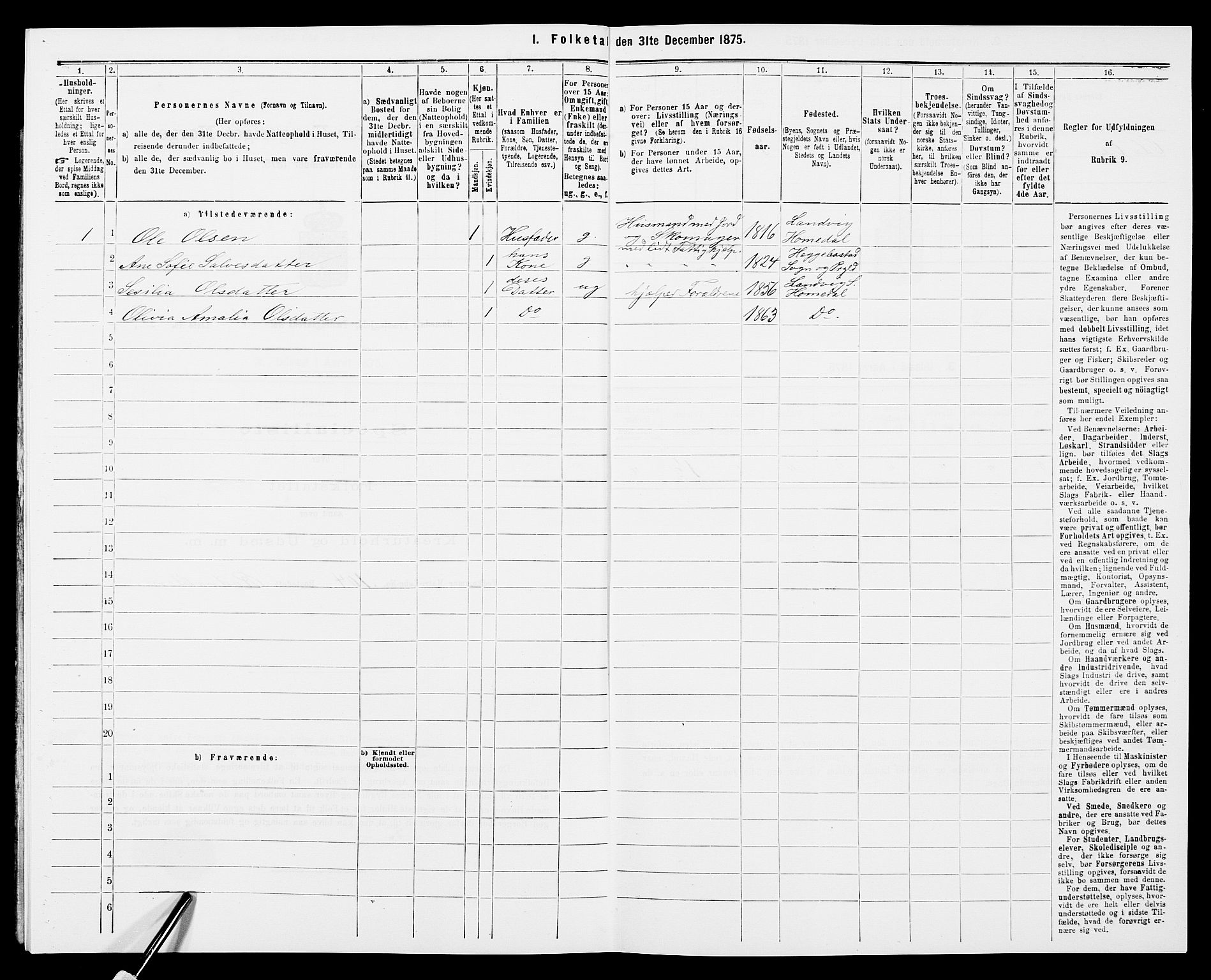 SAK, 1875 census for 0924P Homedal, 1875, p. 806