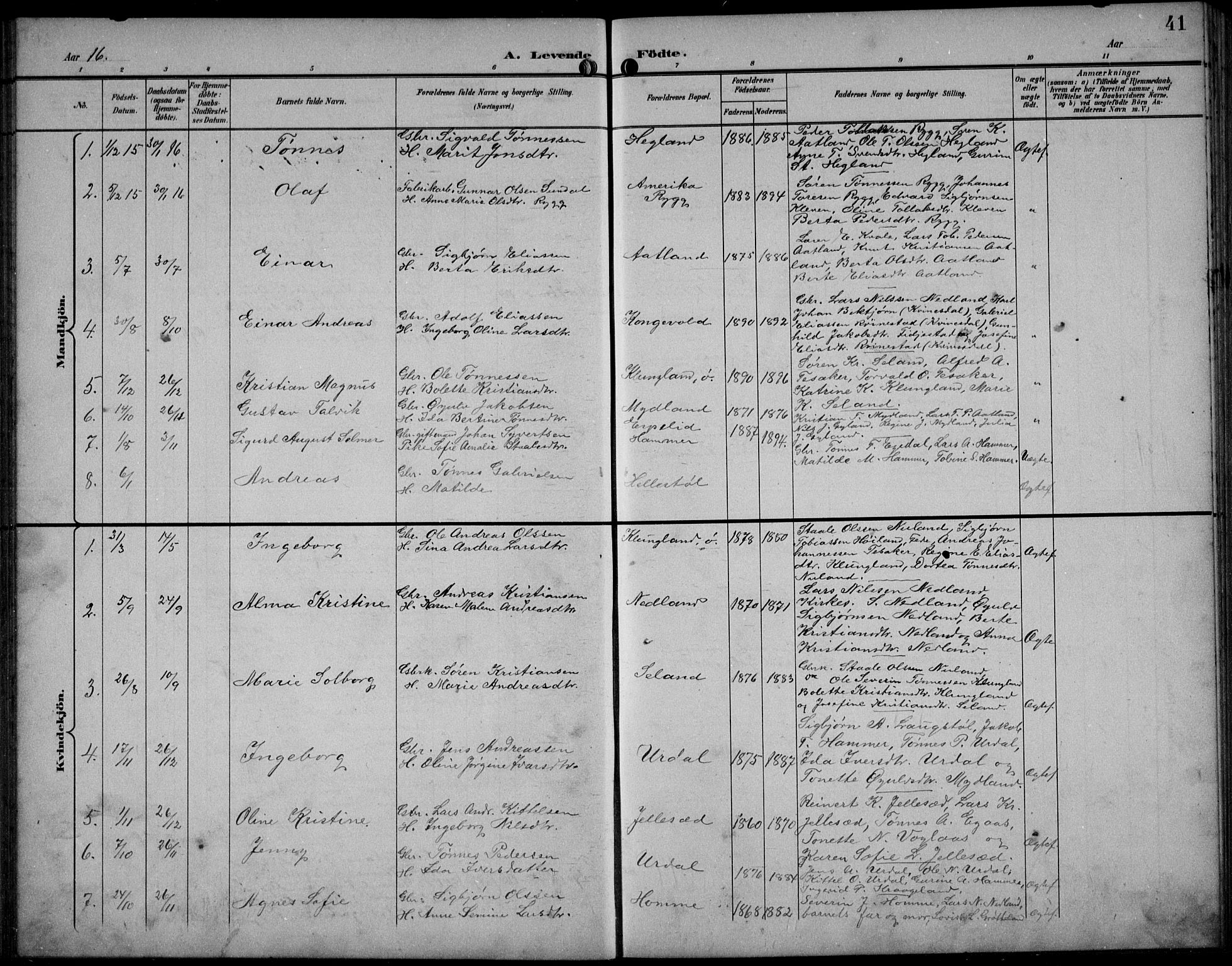 Bakke sokneprestkontor, SAK/1111-0002/F/Fb/Fbb/L0004: Parish register (copy) no. B 4, 1896-1927, p. 41