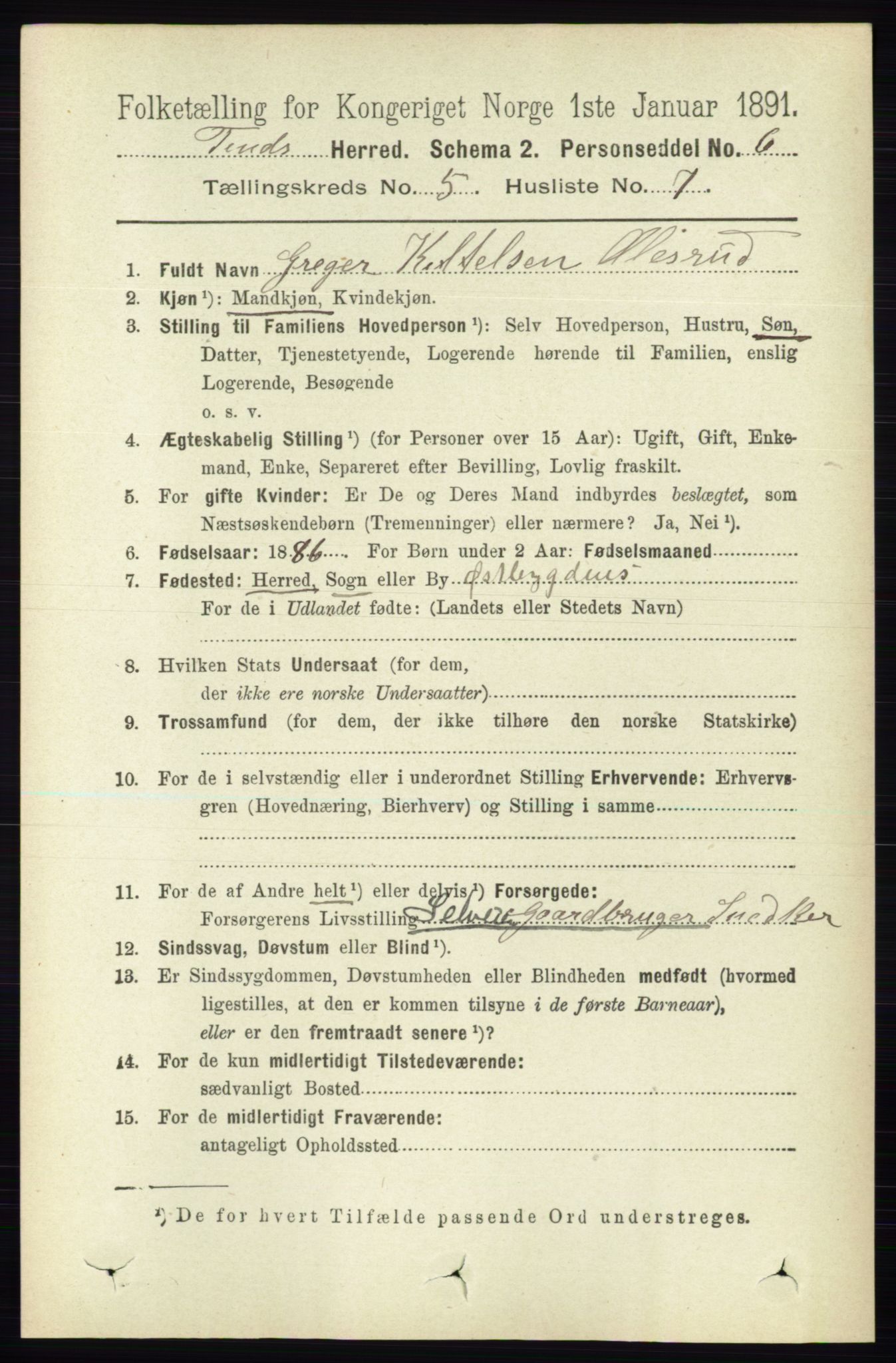 RA, 1891 census for 0826 Tinn, 1891, p. 1043