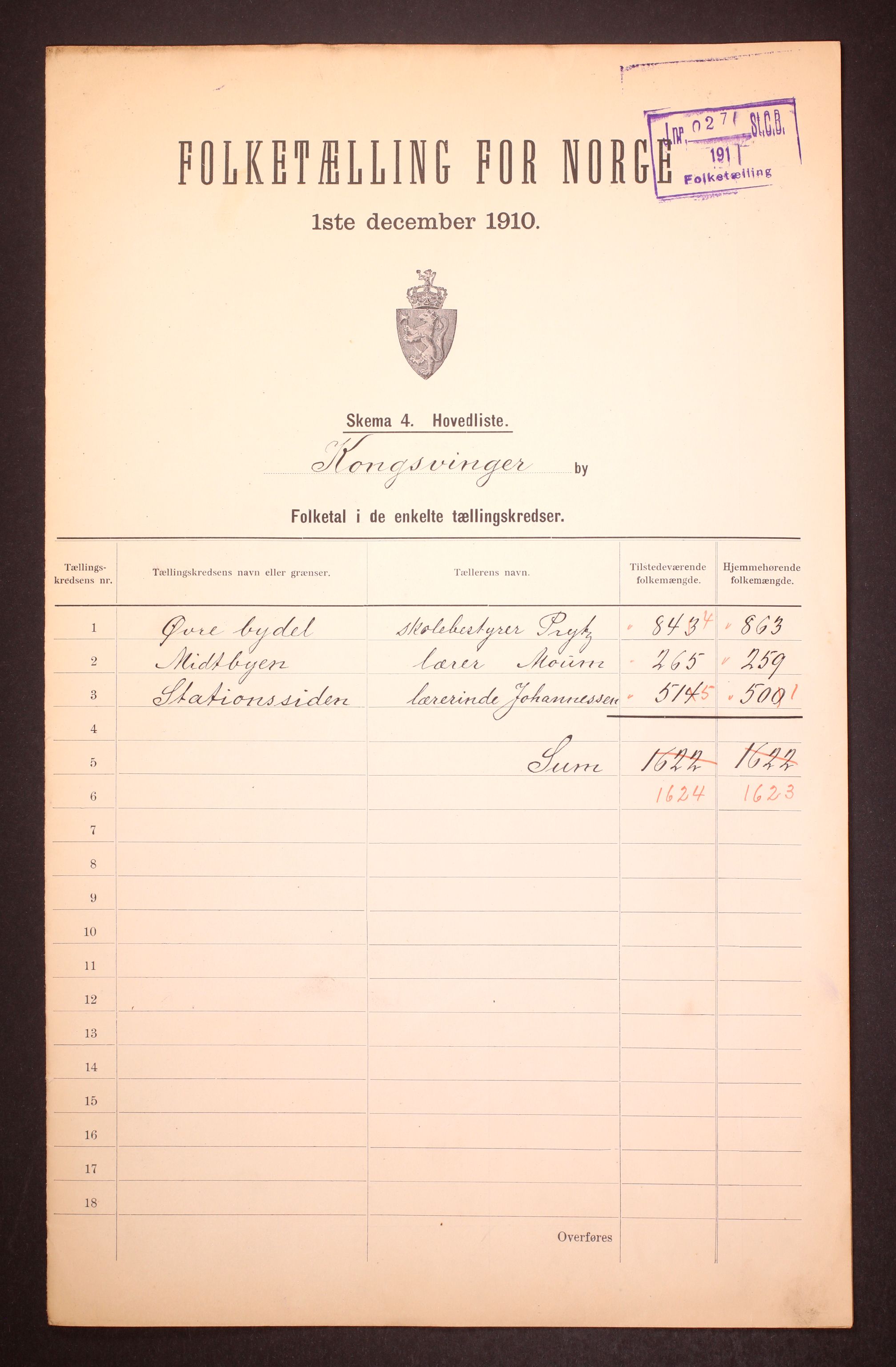 RA, 1910 census for Kongsvinger, 1910, p. 2