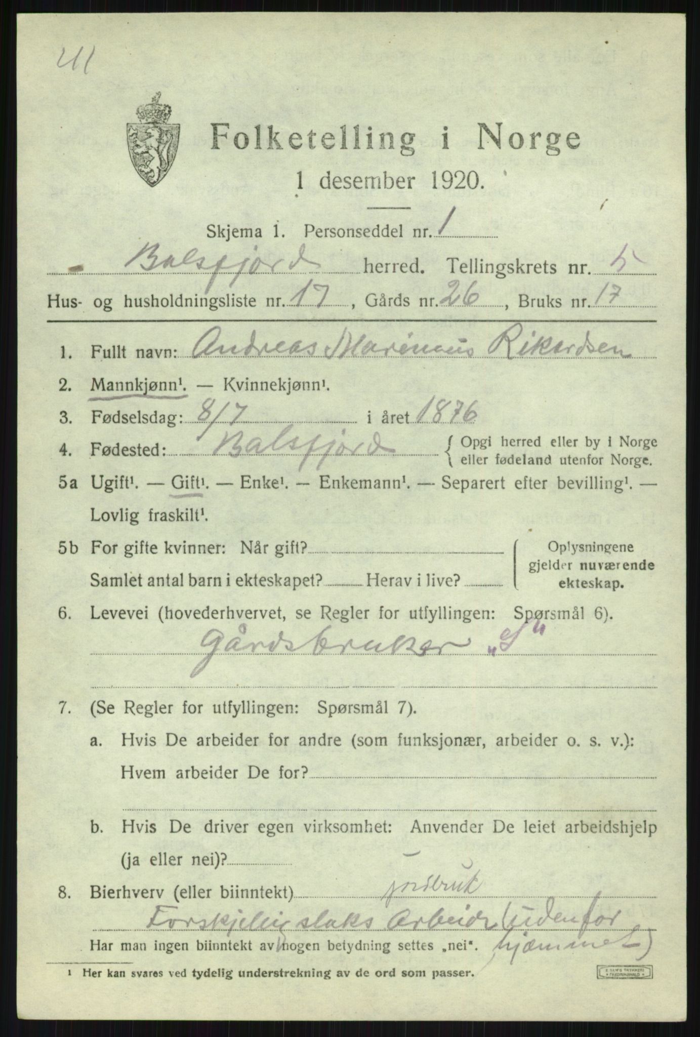 SATØ, 1920 census for Balsfjord, 1920, p. 3310