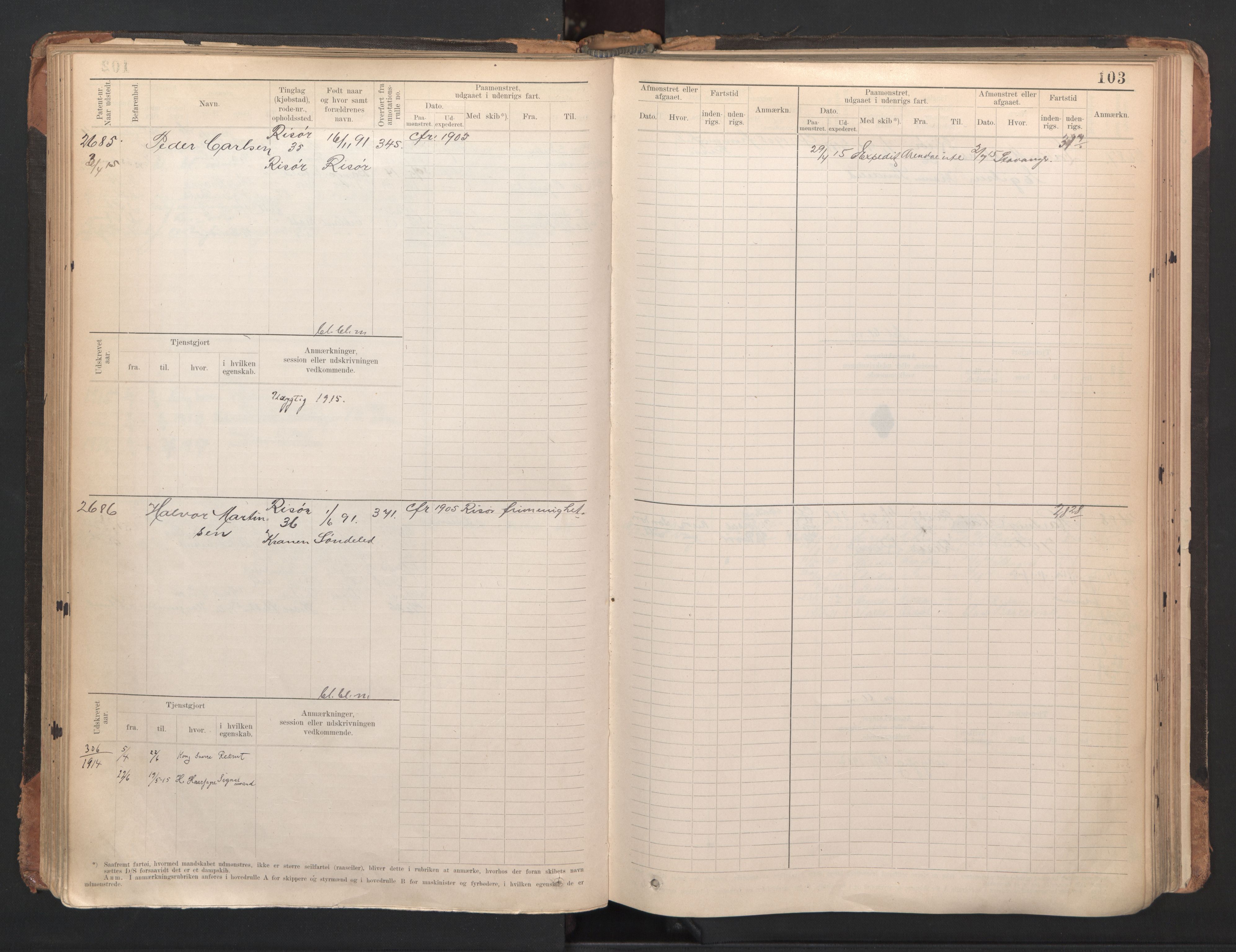 Risør mønstringskrets, AV/SAK-2031-0010/F/Fb/L0005: Hovedrulle A nr 2485-3065, Q-5, 1904-1948, p. 107