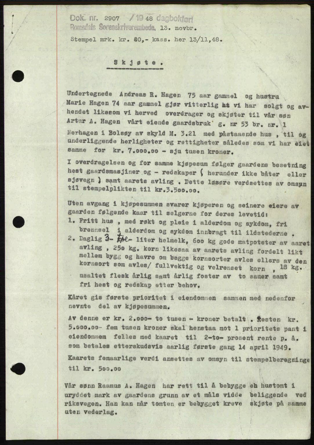 Romsdal sorenskriveri, AV/SAT-A-4149/1/2/2C: Mortgage book no. A27, 1948-1948, Diary no: : 2907/1948