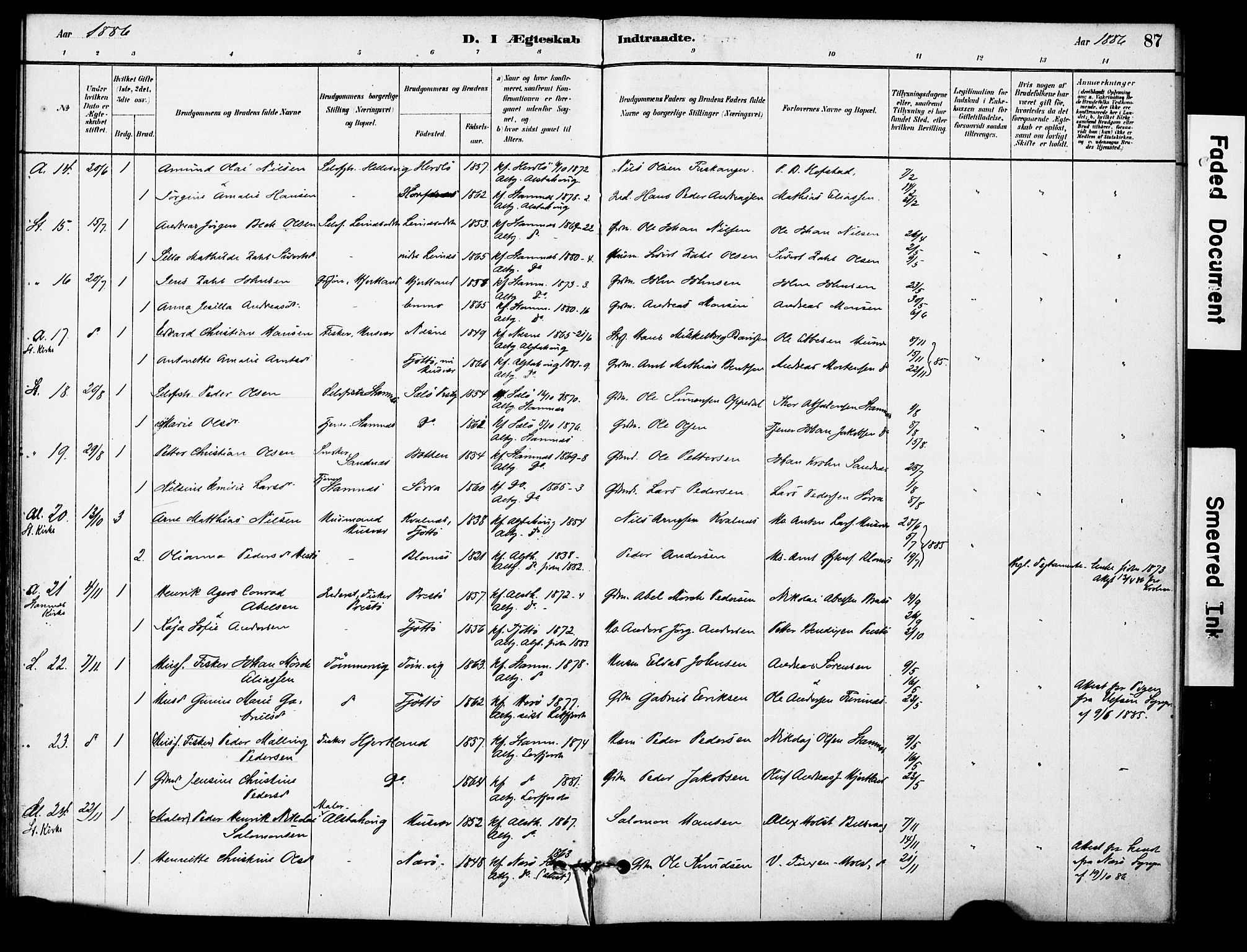 Ministerialprotokoller, klokkerbøker og fødselsregistre - Nordland, AV/SAT-A-1459/830/L0450: Parish register (official) no. 830A14, 1879-1896, p. 87