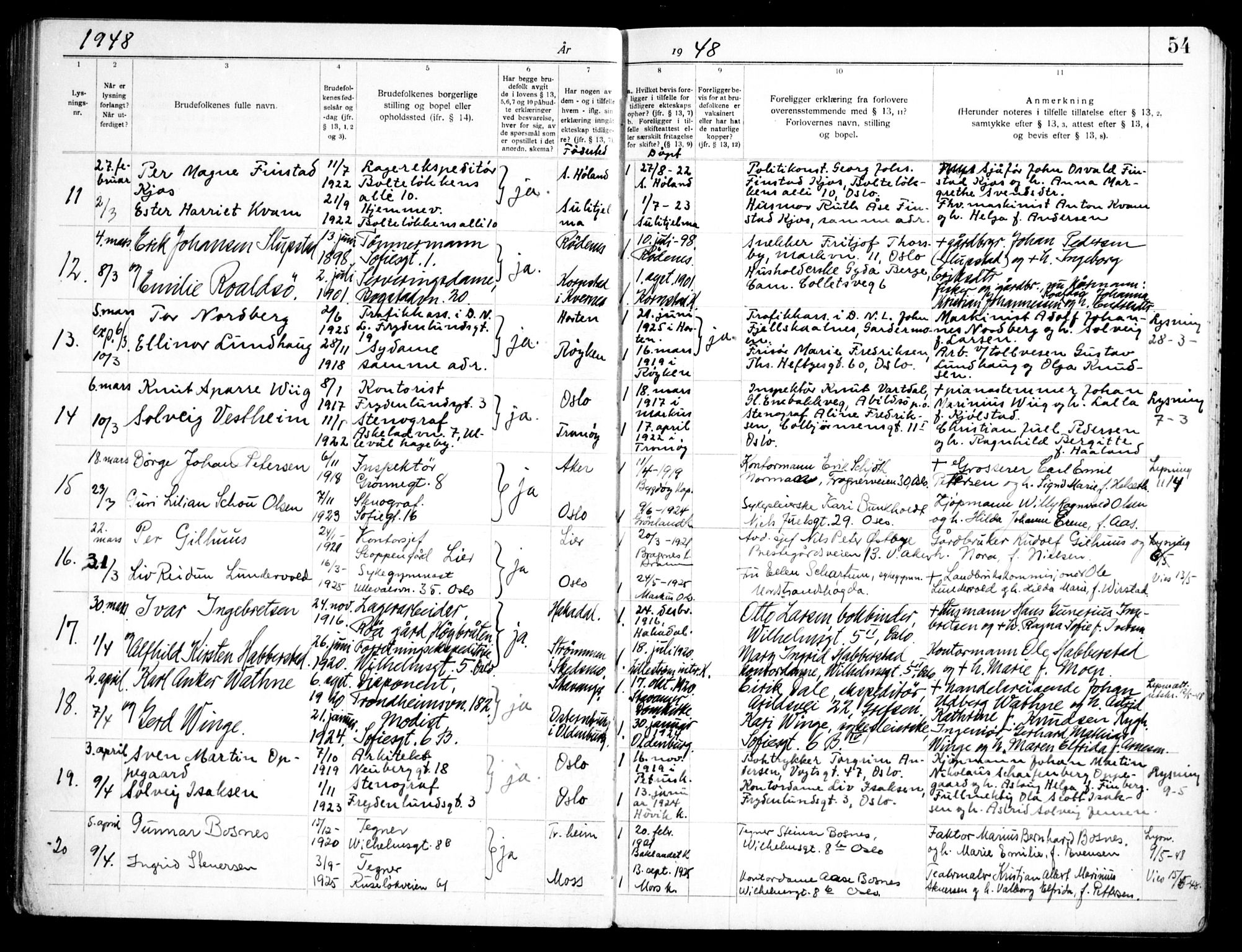 Markus prestekontor Kirkebøker, AV/SAO-A-10830/H/L0002: Banns register no. 2, 1937-1954, p. 54