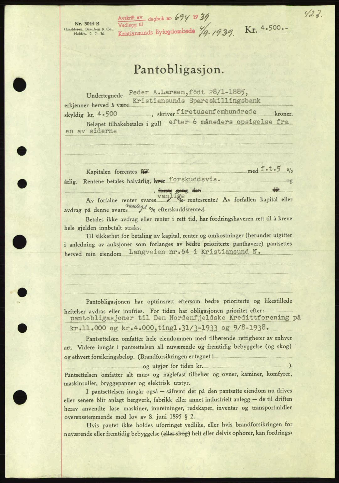 Kristiansund byfogd, SAT/A-4587/A/27: Mortgage book no. 31, 1938-1939, Diary no: : 690/1939